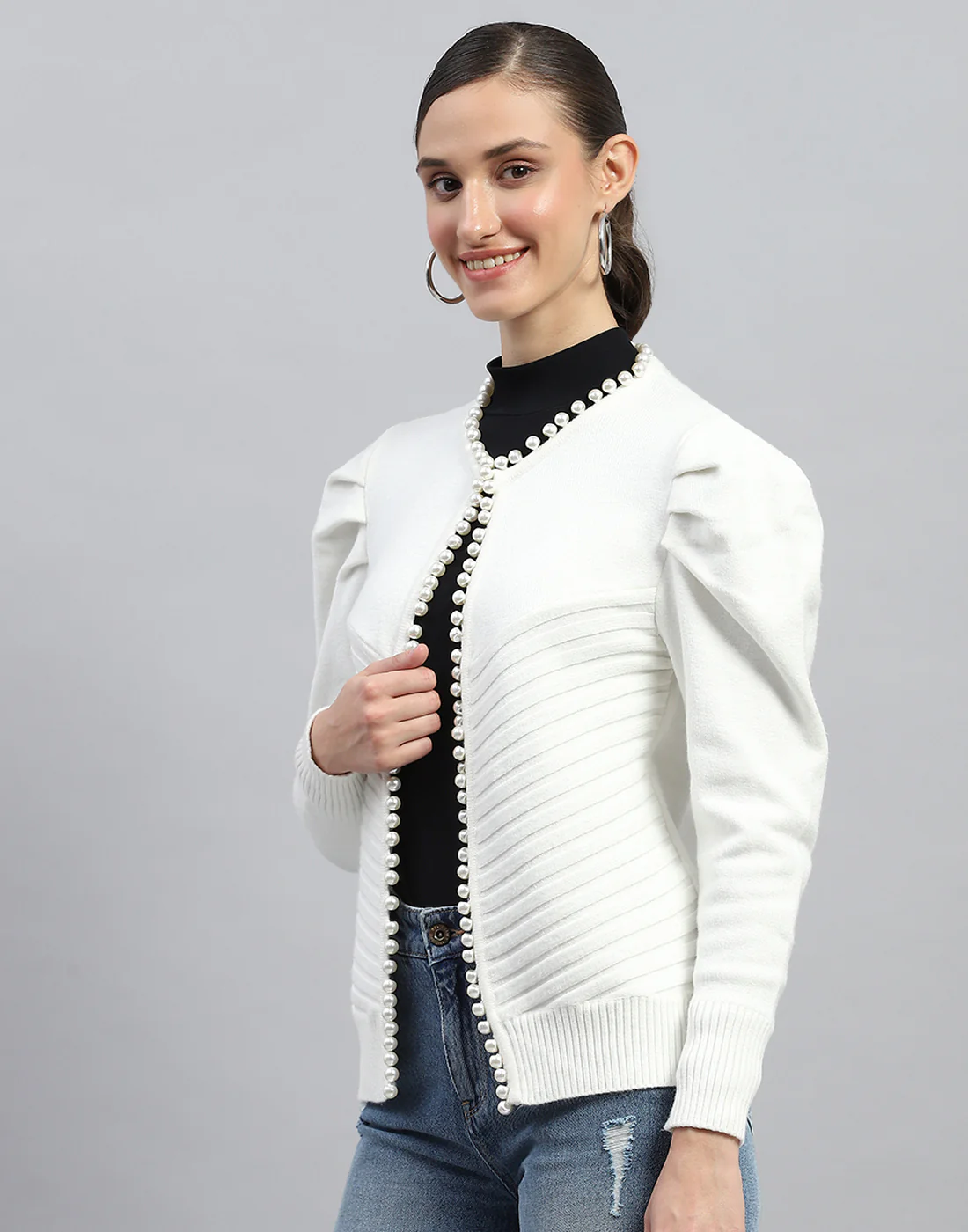 Women White Self Design V Neck Full Sleeve Cardigan - Image 3