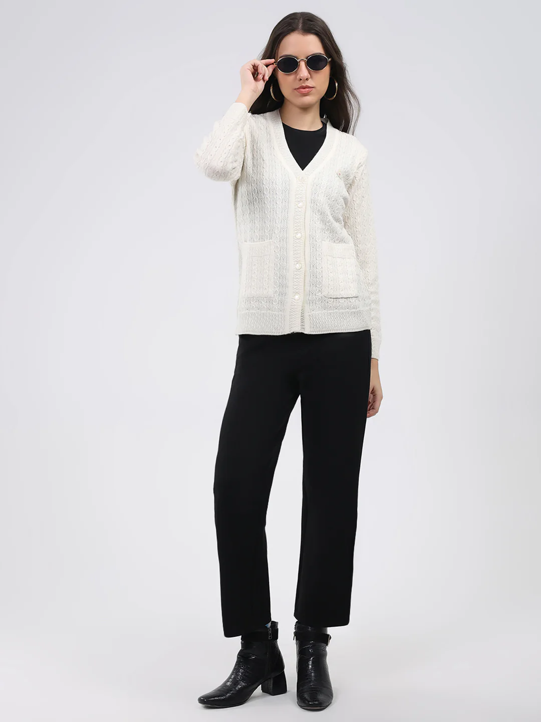 Women White Self Design V Neck Full Sleeve Cardigan - Image 2