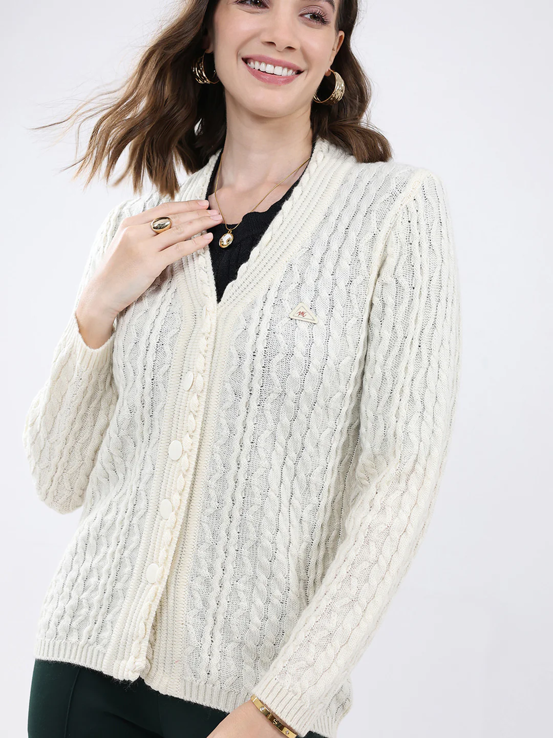 Women White Self Design V Neck Full Sleeve Cardigan - Image 7