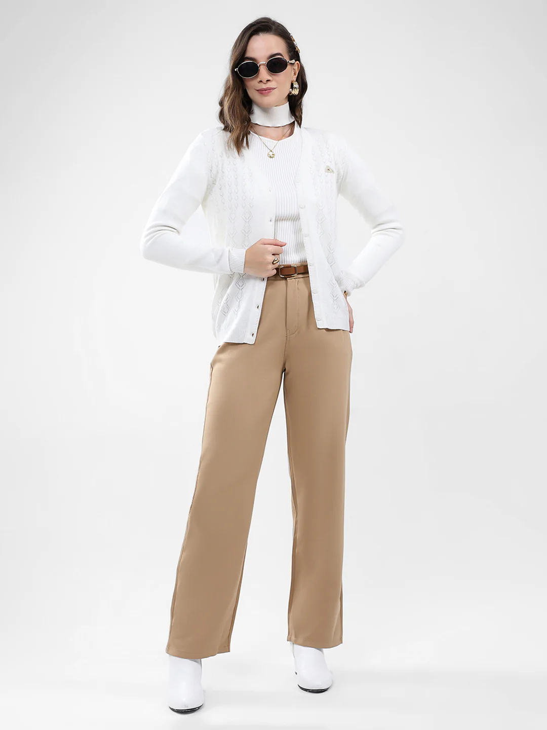 Women White Self Design V Neck Full Sleeve Cardigan - Image 2