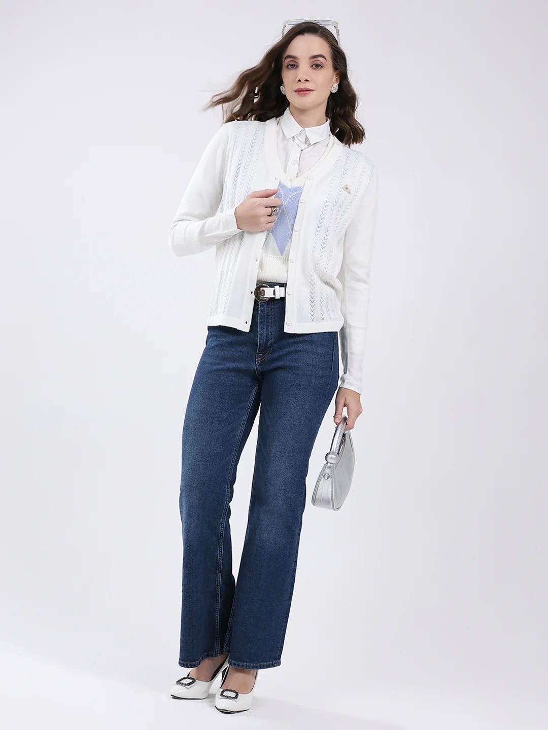 Women White Self Design V Neck Full Sleeve Cardigan - Image 2