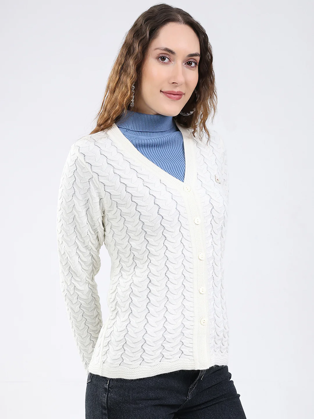 Women White Self Design V Neck Full Sleeve Cardigan - Image 4