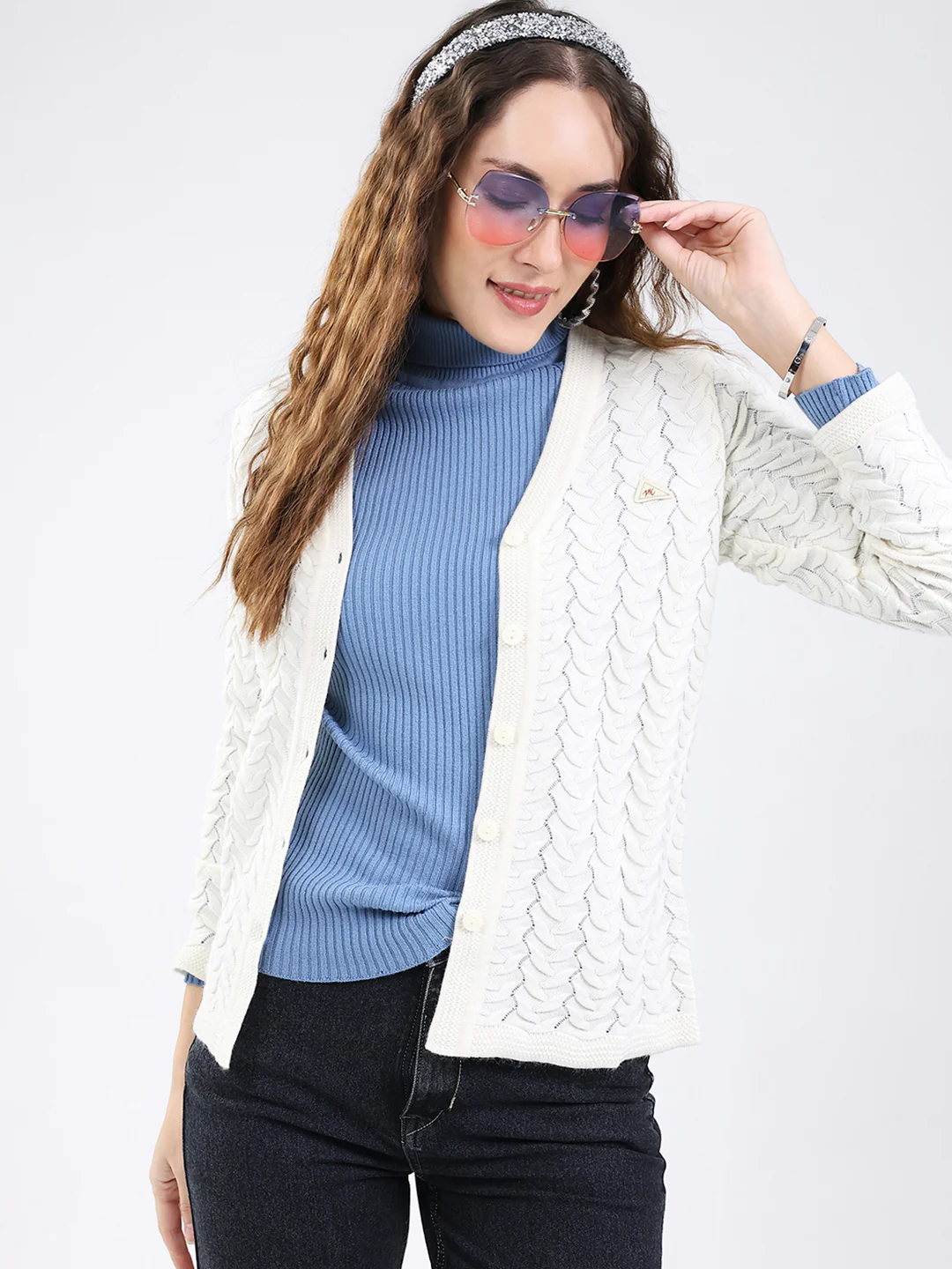 Women White Self Design V Neck Full Sleeve Cardigan - Image 6