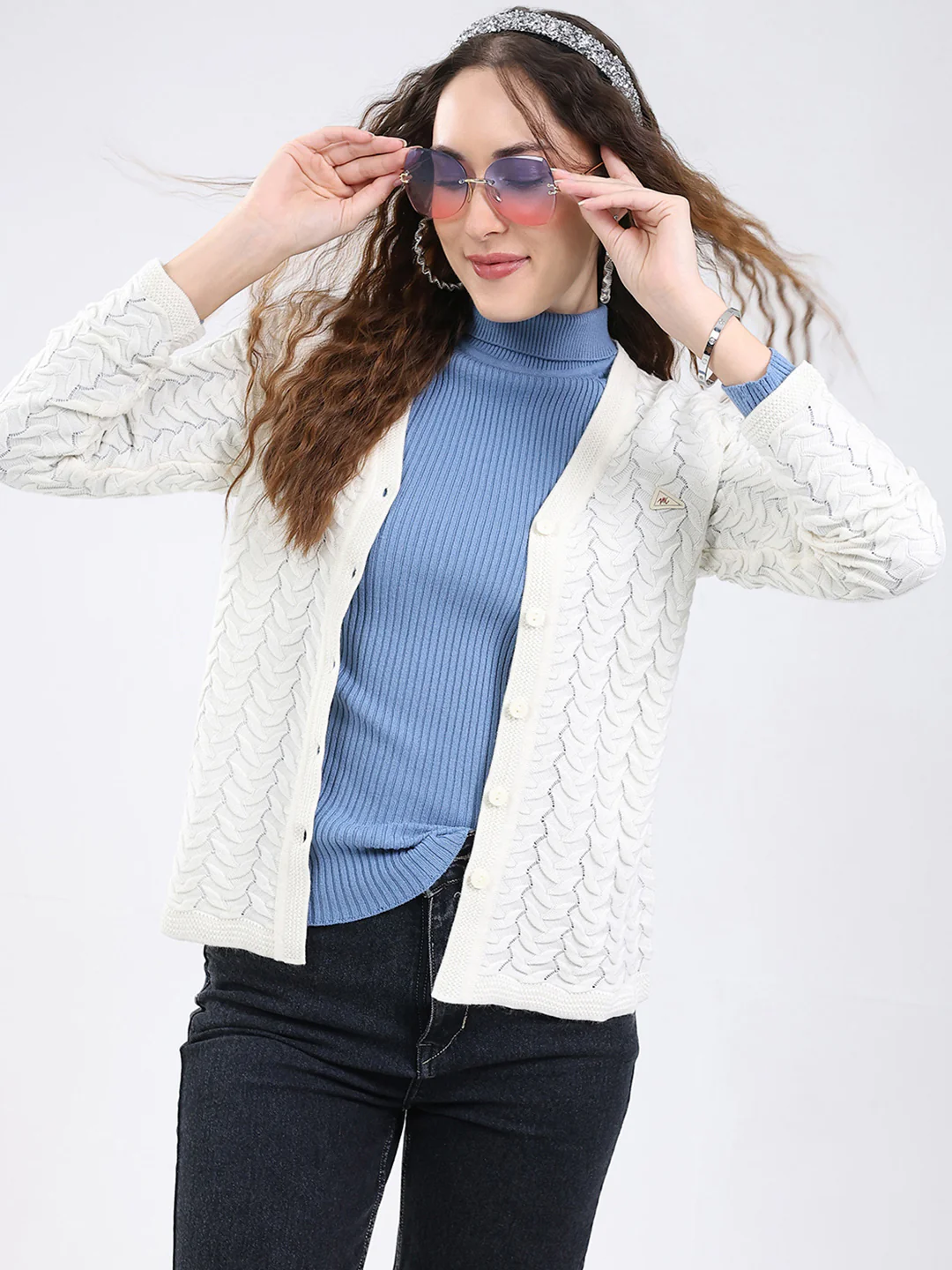 Women White Self Design V Neck Full Sleeve Cardigan - Image 7