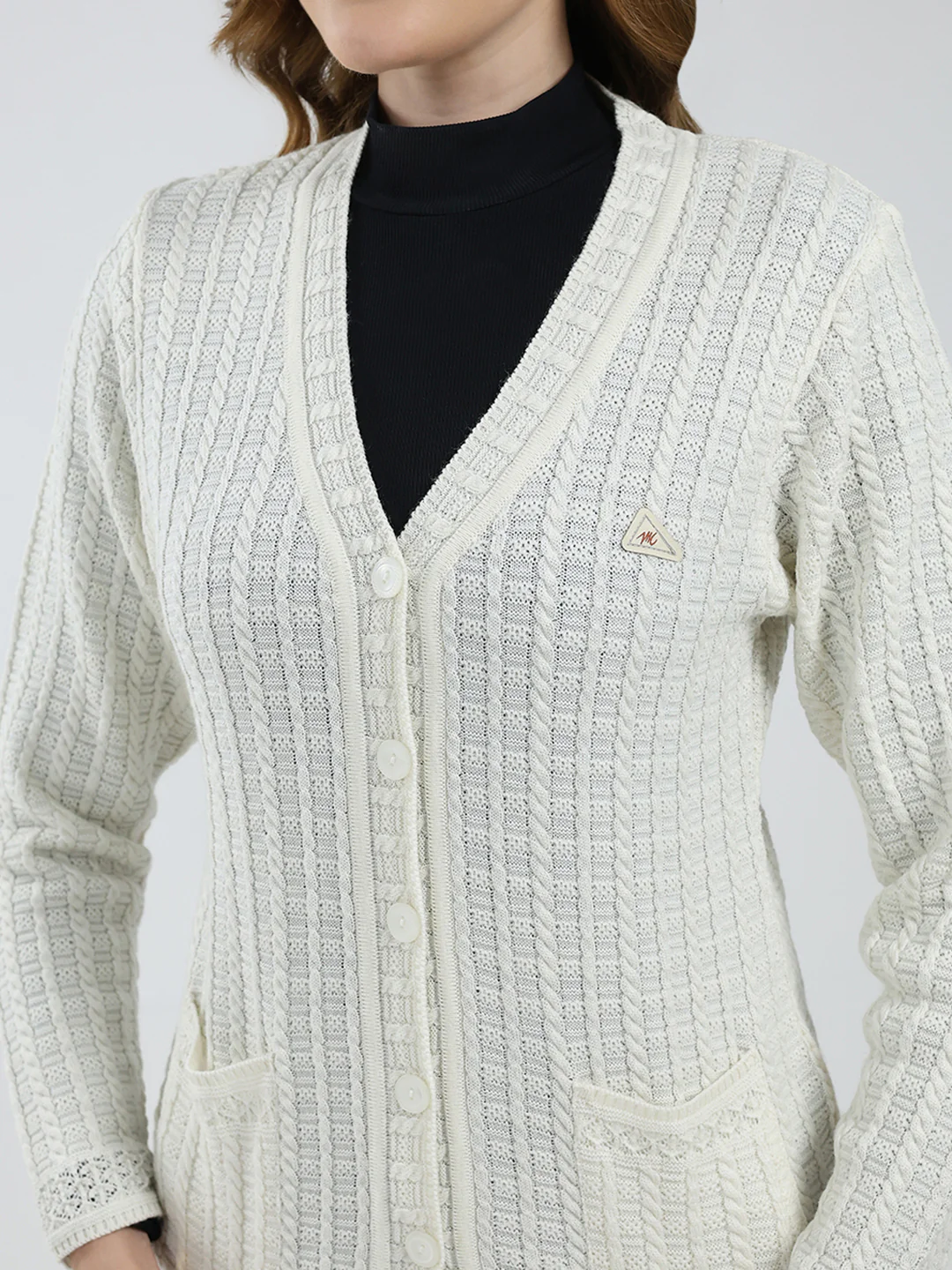 Women White Self Design V Neck Full Sleeve Cardigan - Image 7