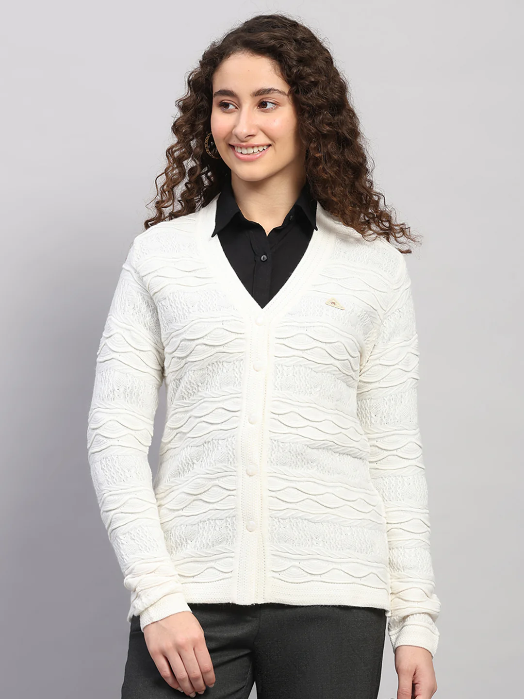 Women White Self Design V Neck Full Sleeve Cardigan