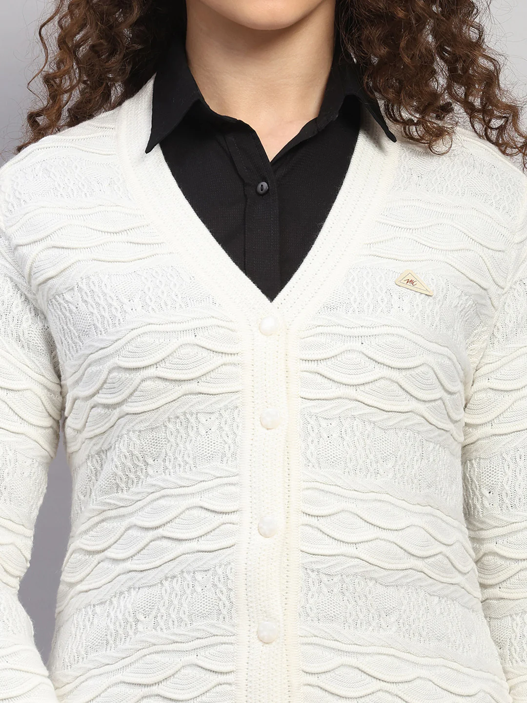 Women White Self Design V Neck Full Sleeve Cardigan - Image 6