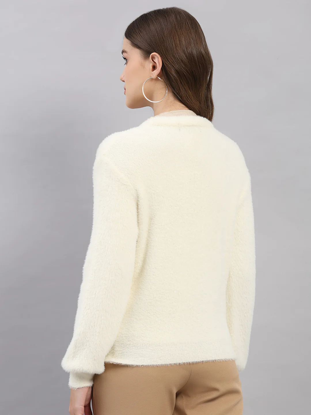 Women White Self Design V Neck Full Sleeve Cardigan - Image 5