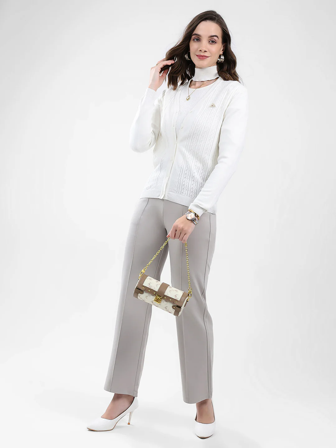 Women White Self Design V Neck Full Sleeve Cardigan - Image 2