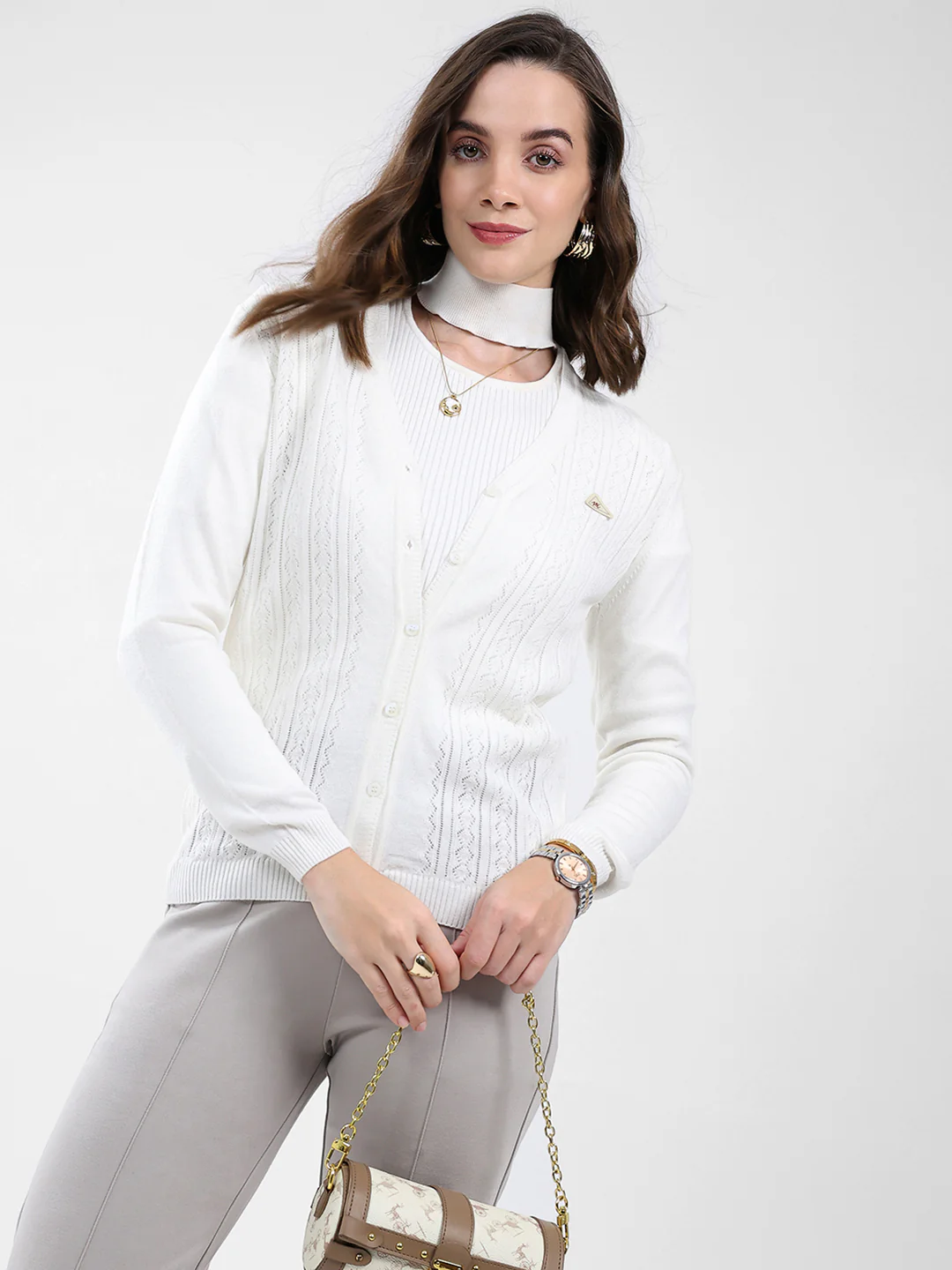 Women White Self Design V Neck Full Sleeve Cardigan - Image 6
