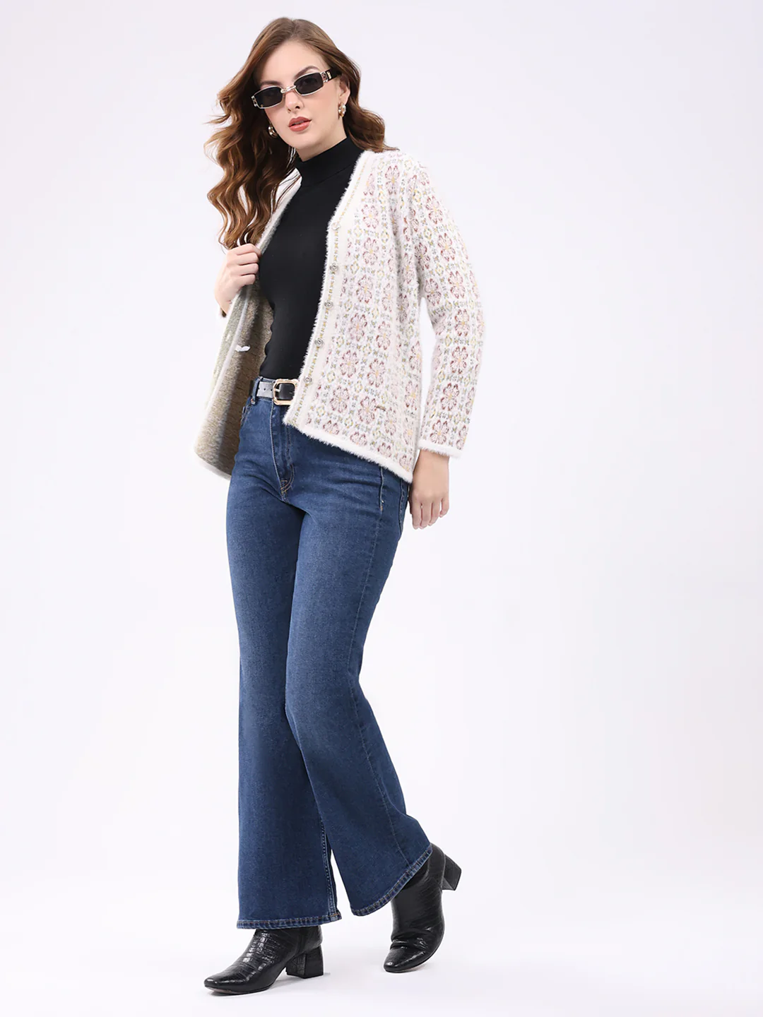 Women White Self Design V Neck Full Sleeve Cardigan - Image 2