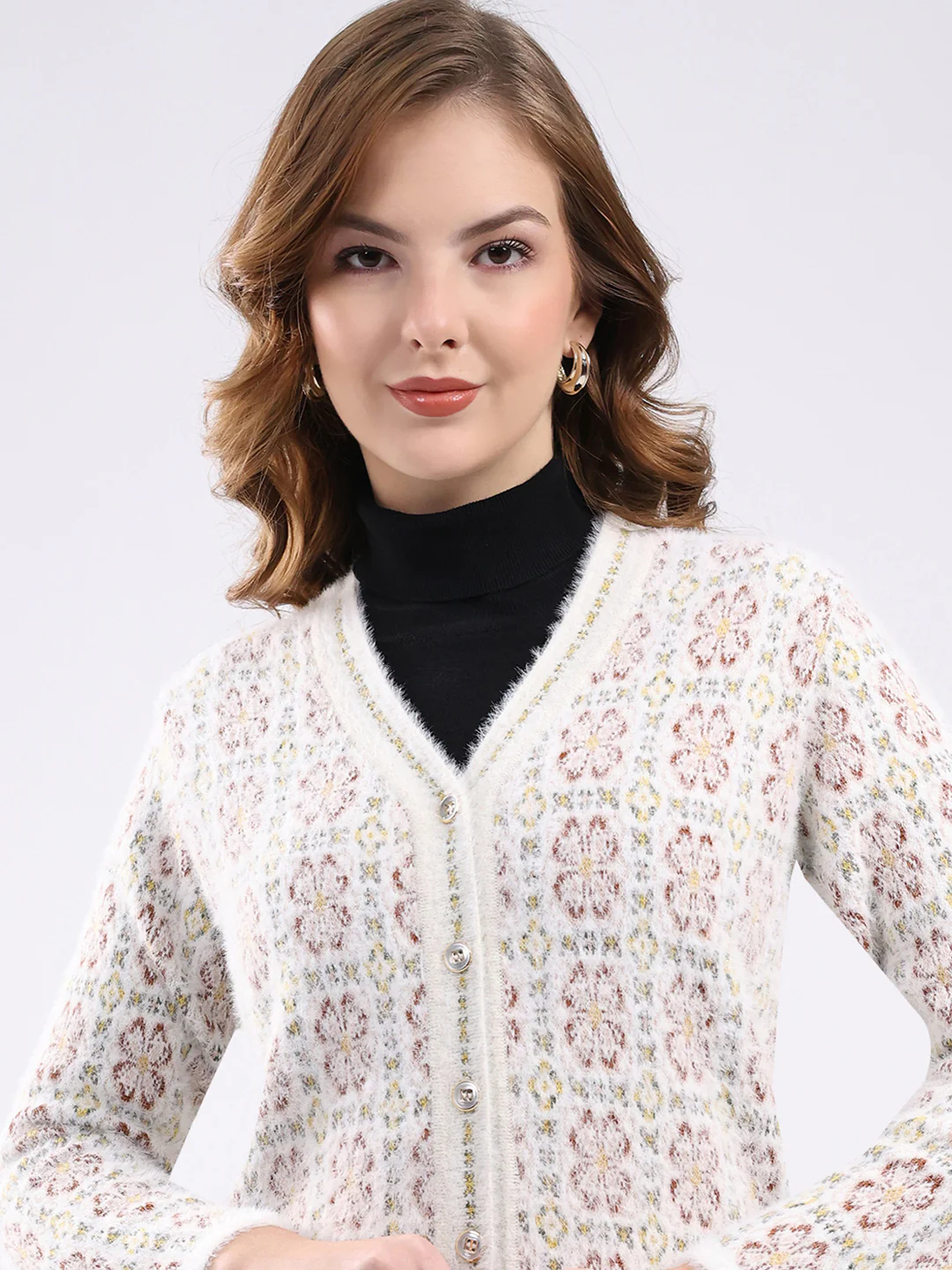 Women White Self Design V Neck Full Sleeve Cardigan - Image 6