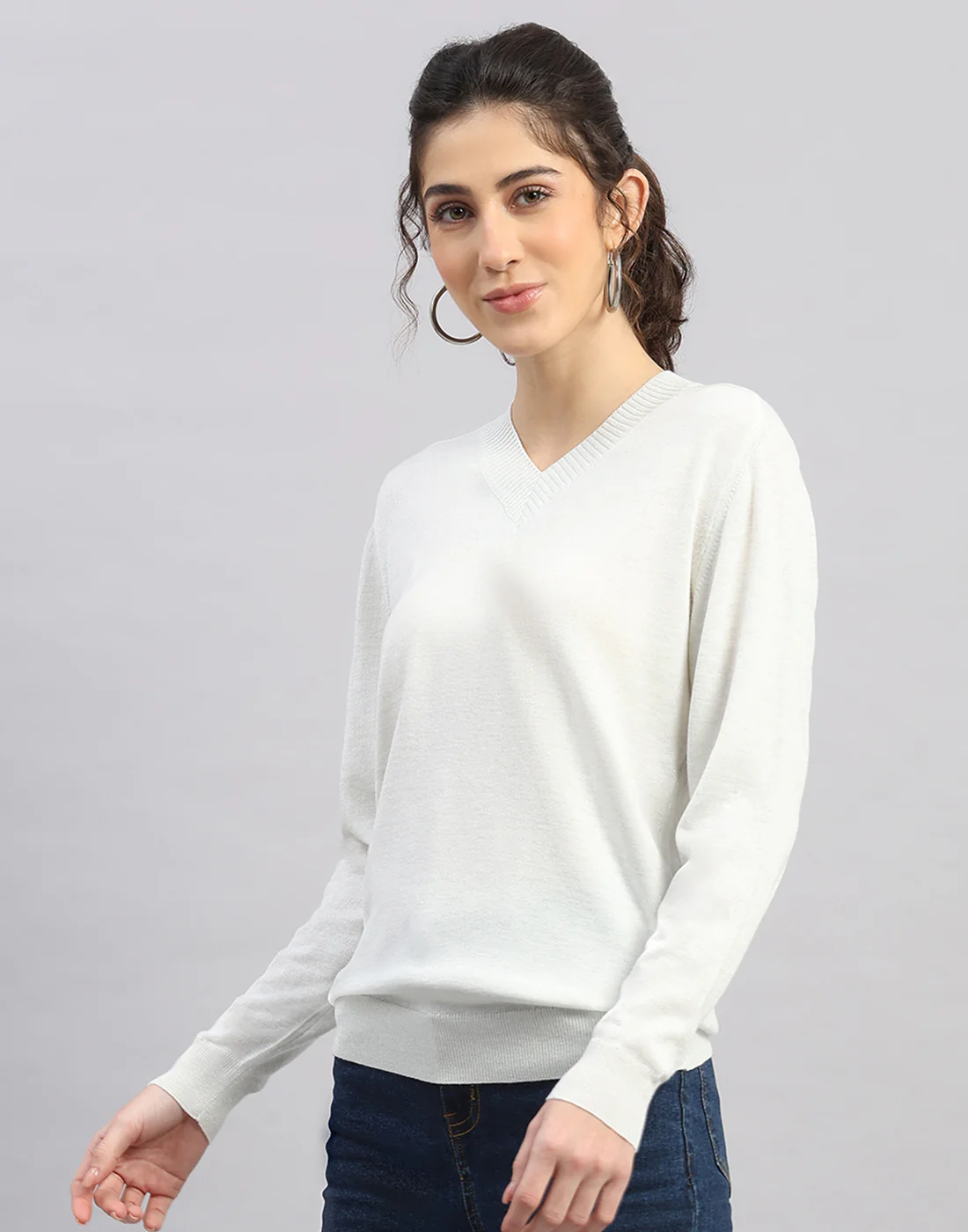 Women White Self Design V Neck Full Sleeve Winter Top - Image 2