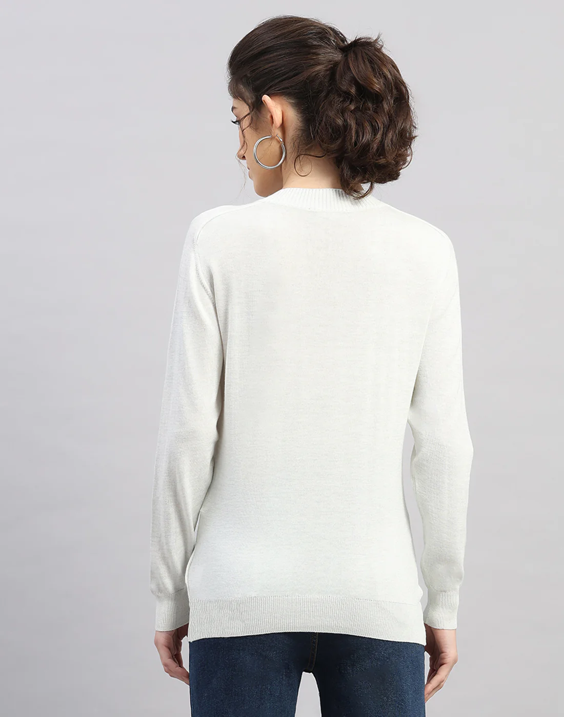 Women White Self Design V Neck Full Sleeve Winter Top - Image 4