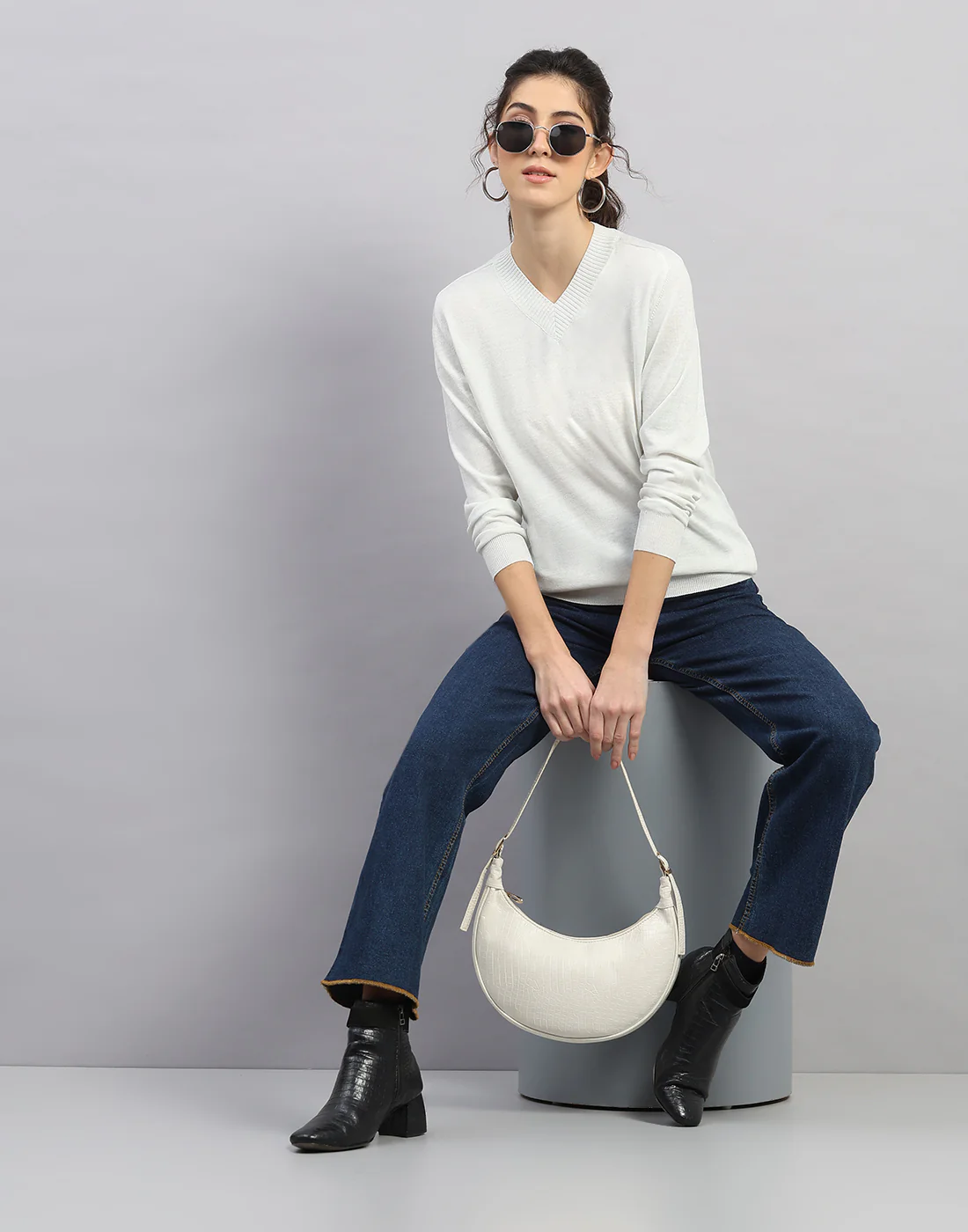 Women White Self Design V Neck Full Sleeve Winter Top - Image 5
