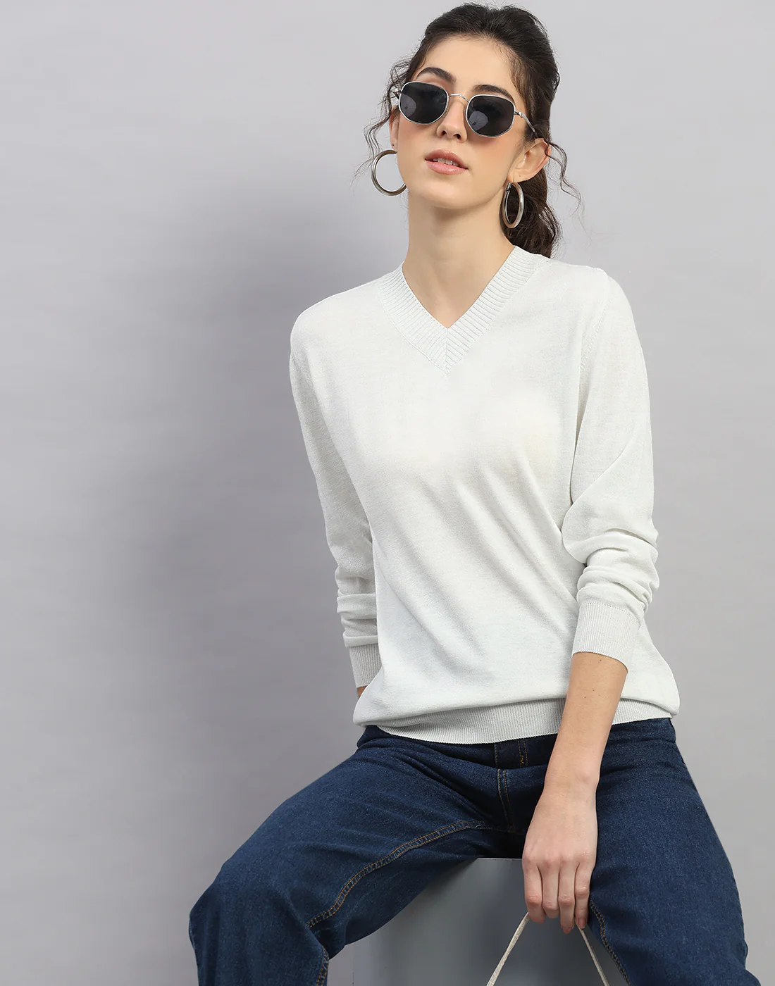 Women White Self Design V Neck Full Sleeve Winter Top - Image 6