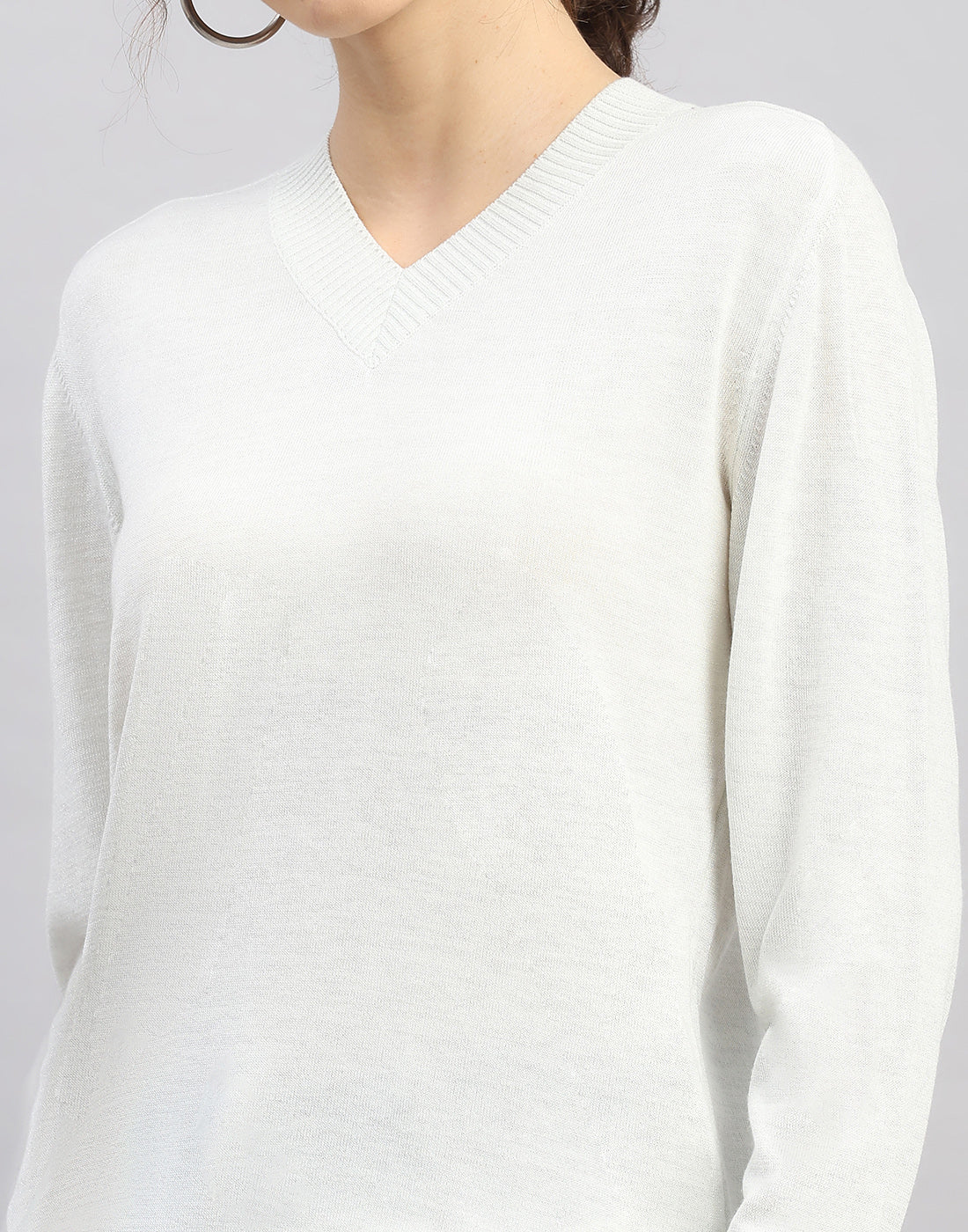 Women White Self Design V Neck Full Sleeve Winter Top - Image 7