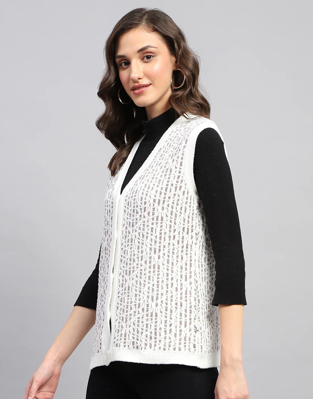 Women White Self Design V Neck Sleeveless Cardigan - Image 4