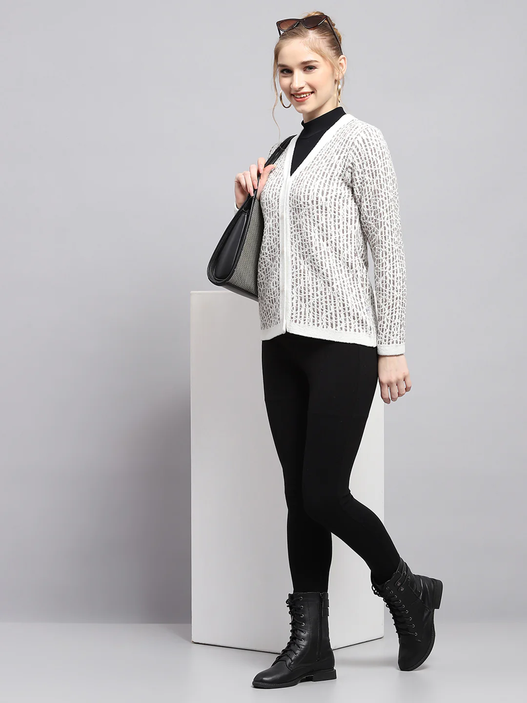 Women White Self Design V Neck Sleeveless Cardigan - Image 5