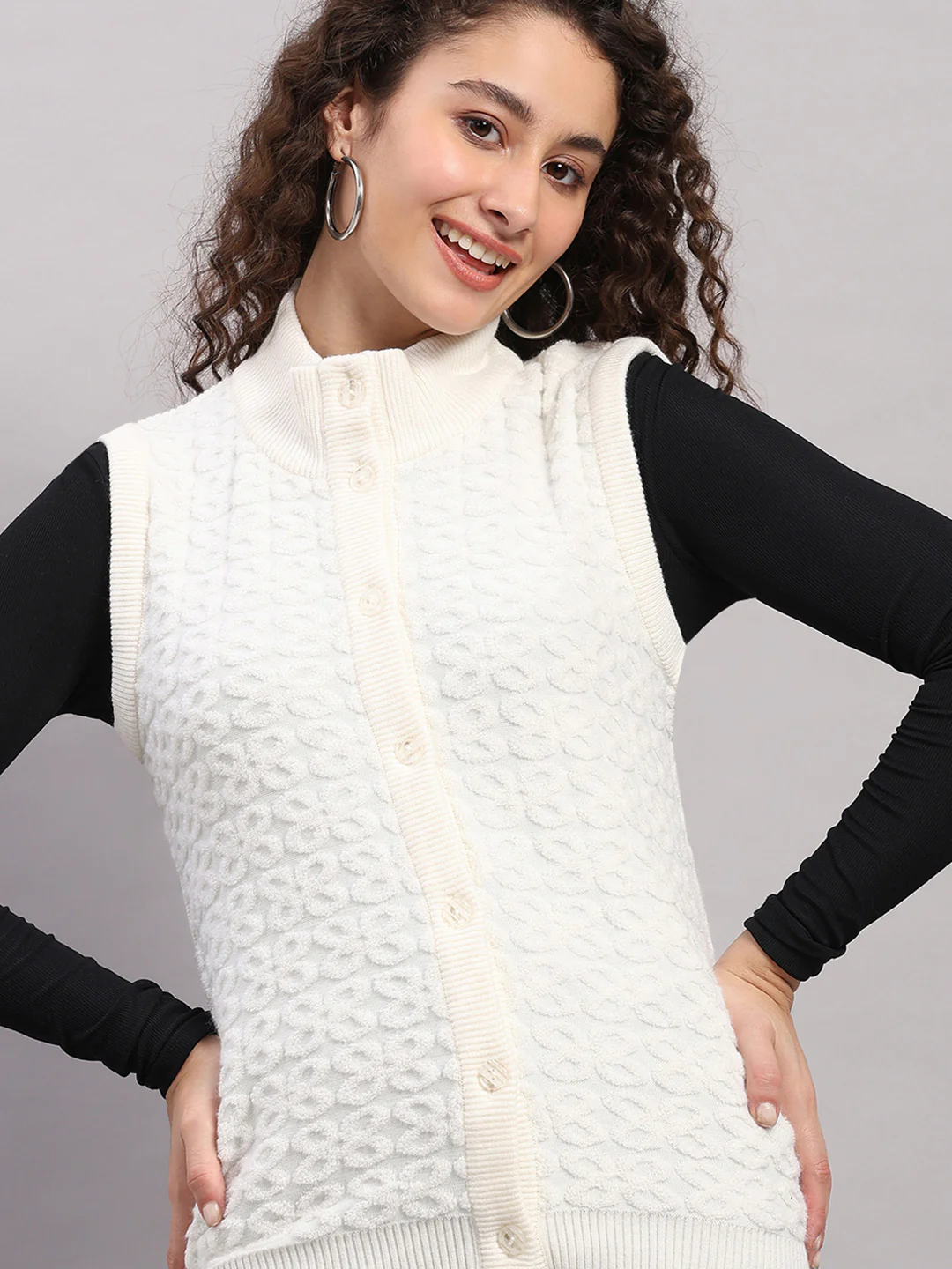Women White Self Design V Neck Sleeveless Cardigan - Image 6