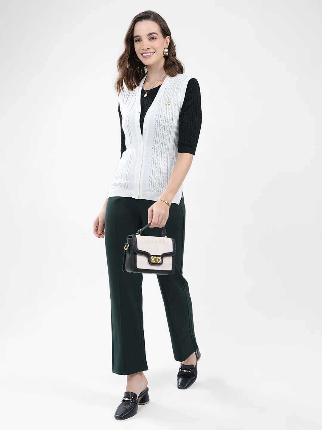 Women White Self Design V Neck Sleeveless Cardigan - Image 2