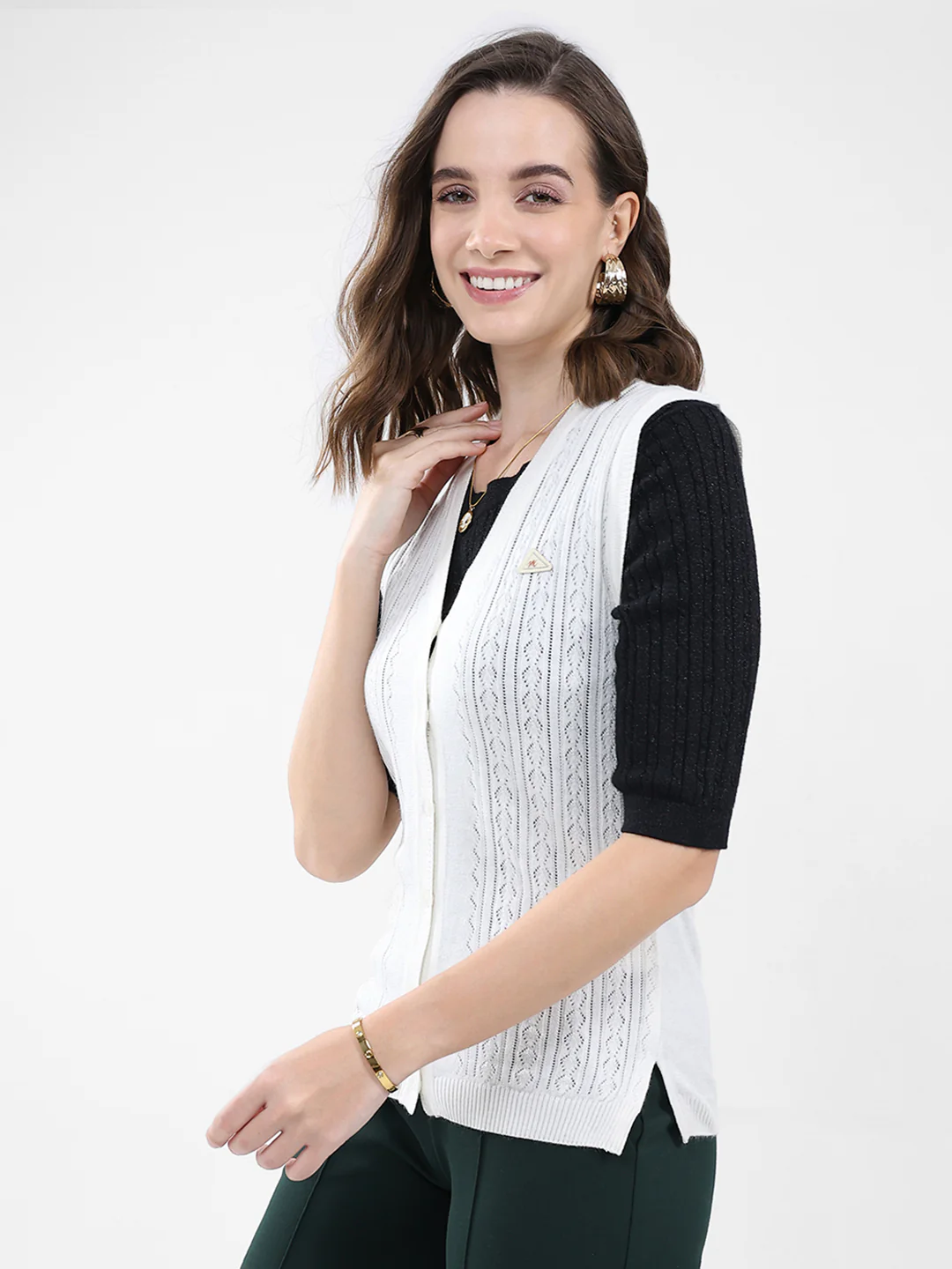 Women White Self Design V Neck Sleeveless Cardigan - Image 3