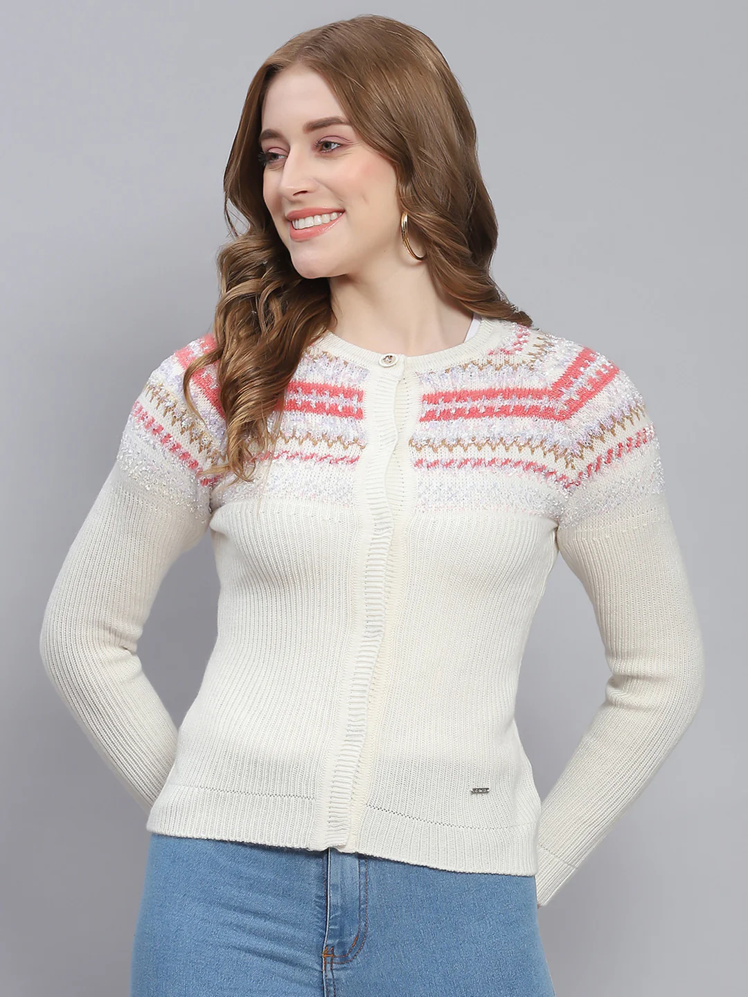 Women White Self Design Round Neck Full Sleeve Cardigans - Image 2