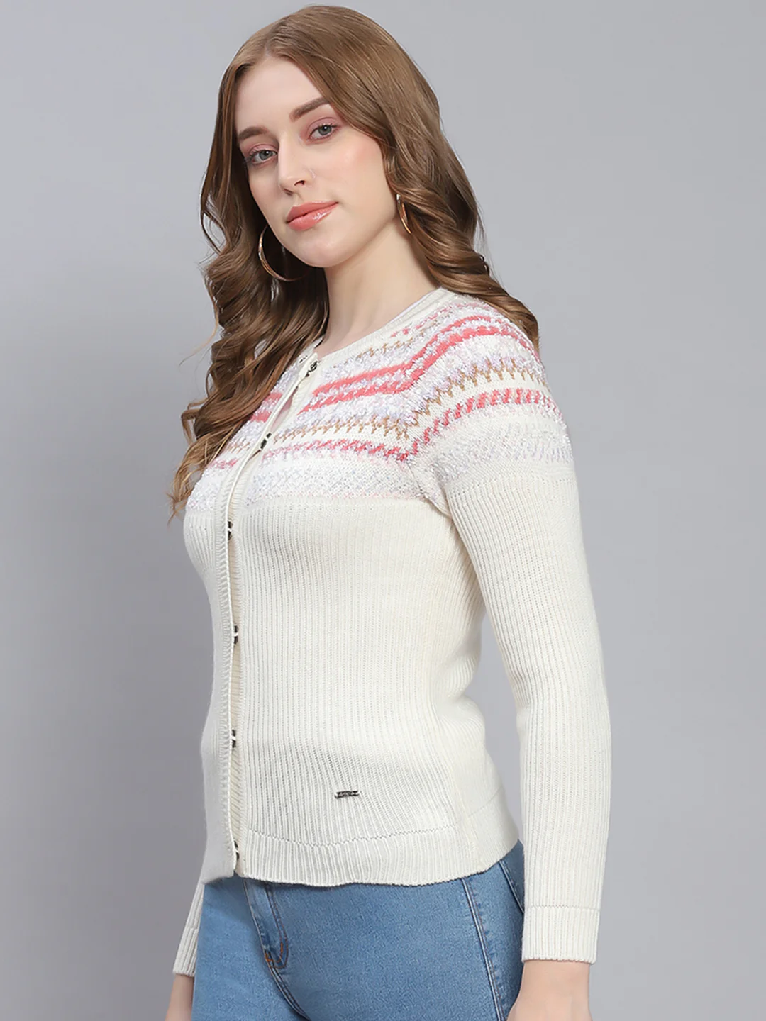 Women White Self Design Round Neck Full Sleeve Cardigans - Image 3