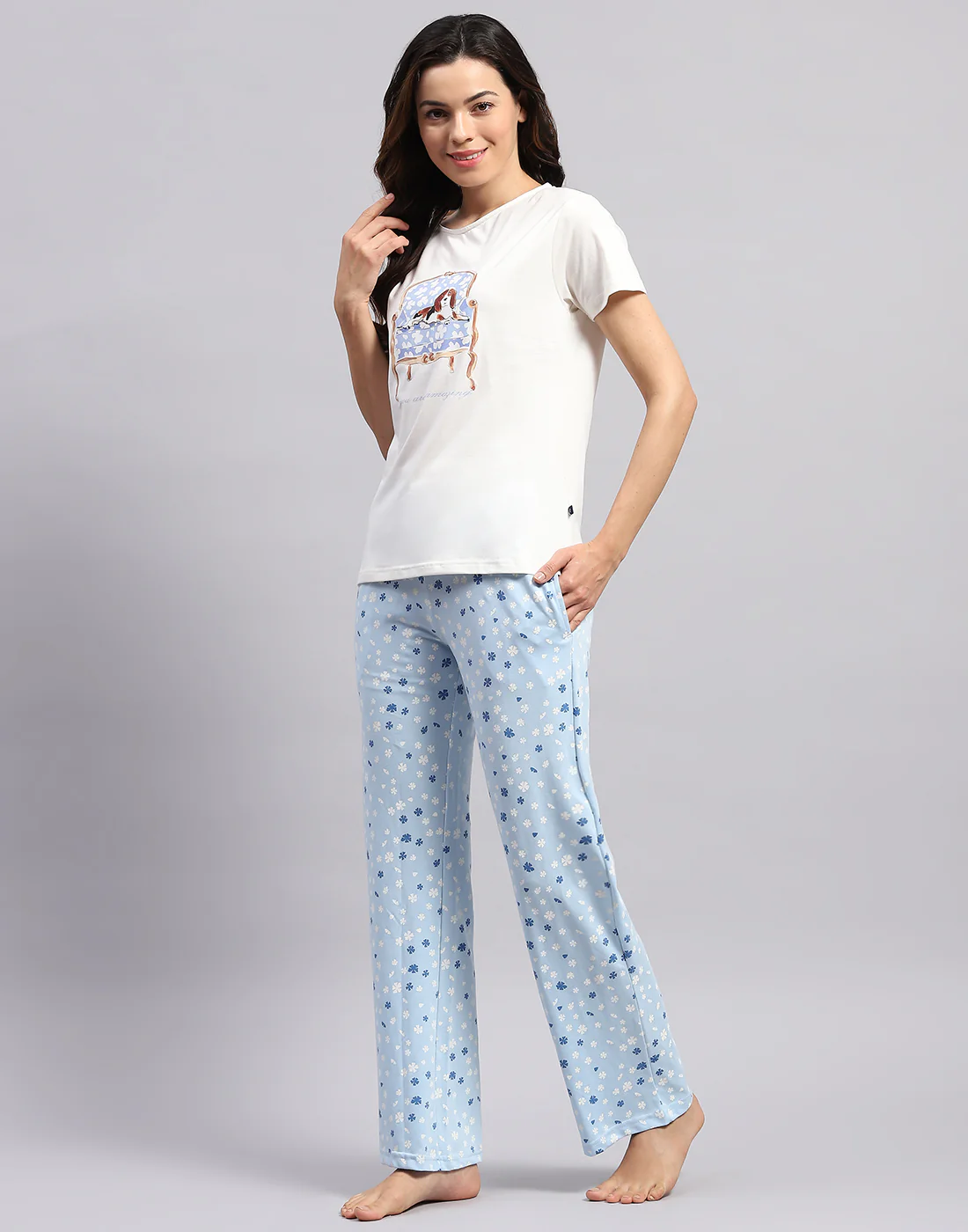 Women White & Sky Blue Printed Round Neck Half Sleeve Lower Set - Image 4