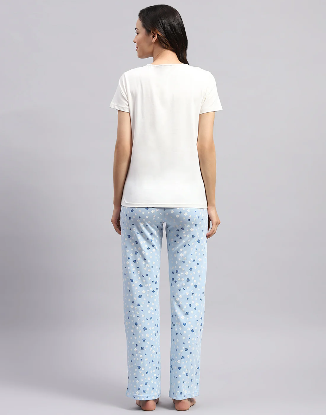 Women White & Sky Blue Printed Round Neck Half Sleeve Lower Set - Image 6