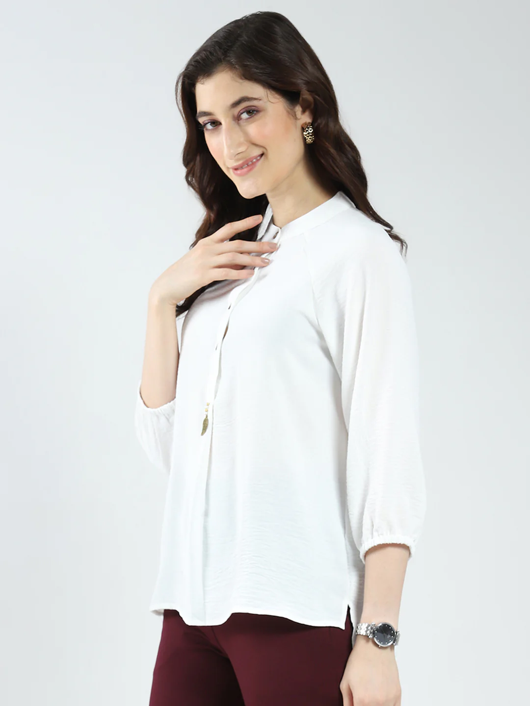 Women White Solid Band Neck 3/4th Sleeve Top - Image 3