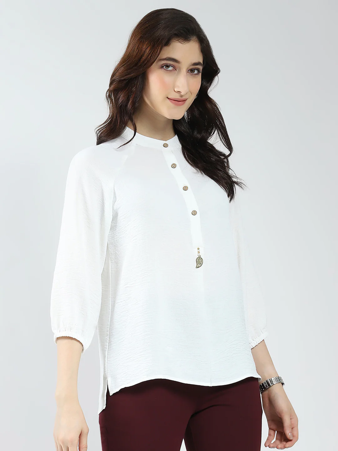 Women White Solid Band Neck 3/4th Sleeve Top - Image 4