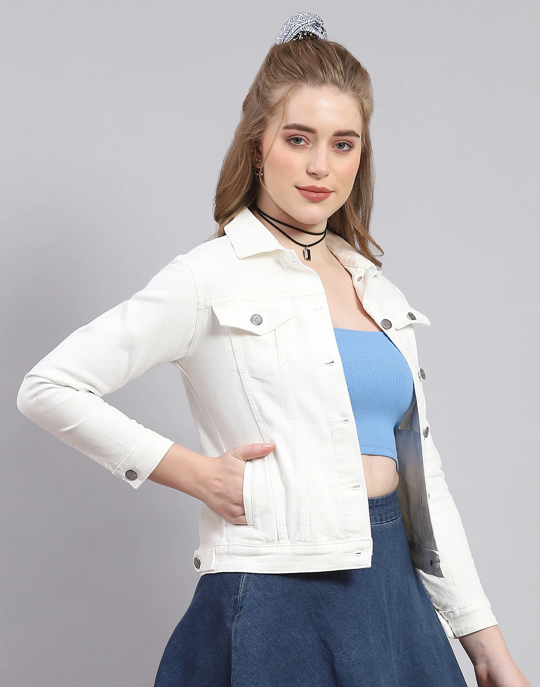 Women White Solid Collar Full Sleeve Jacket - Image 5