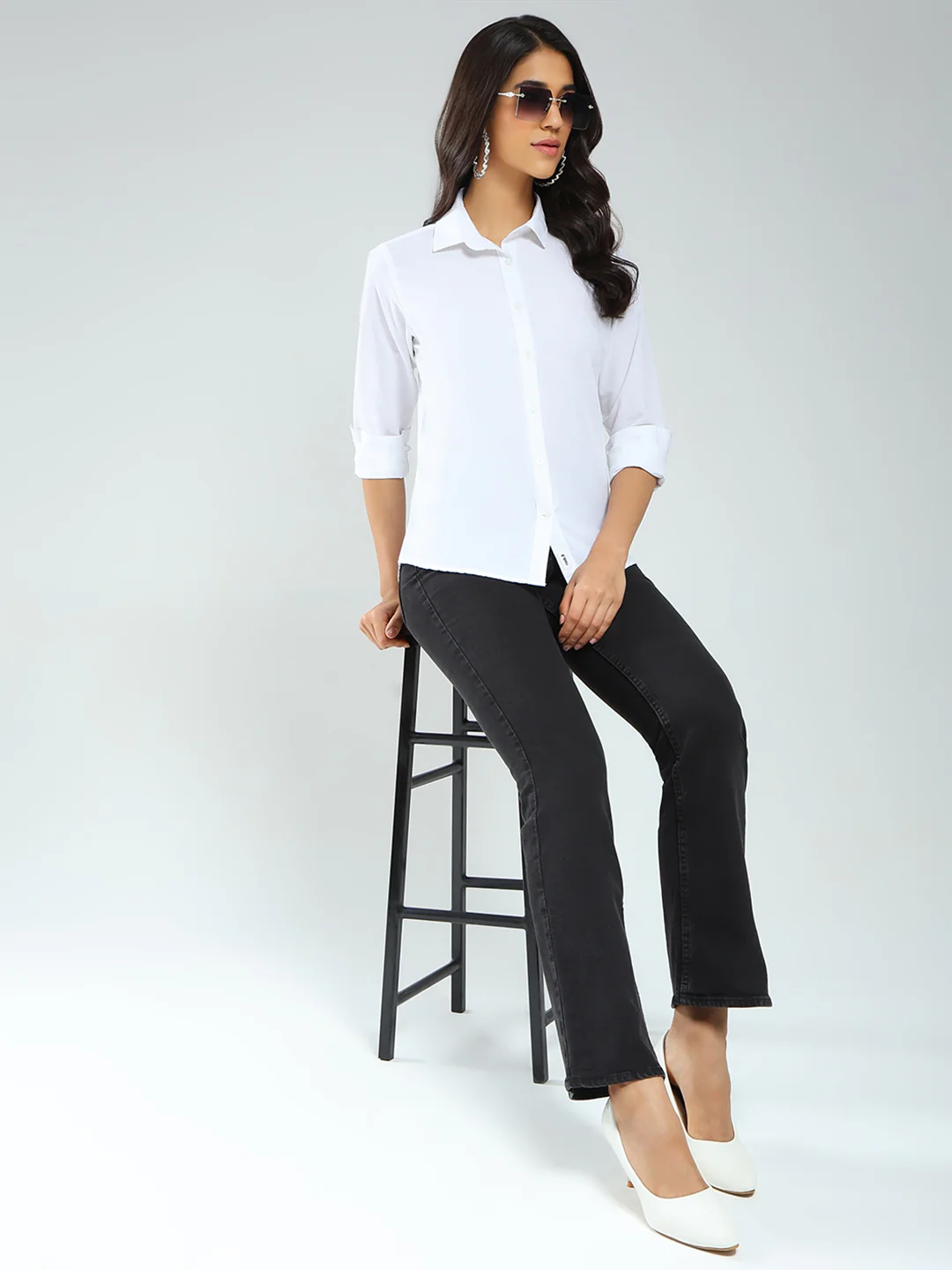 Rock.it Women White Solid Collar Full Sleeve Shirt - Image 2