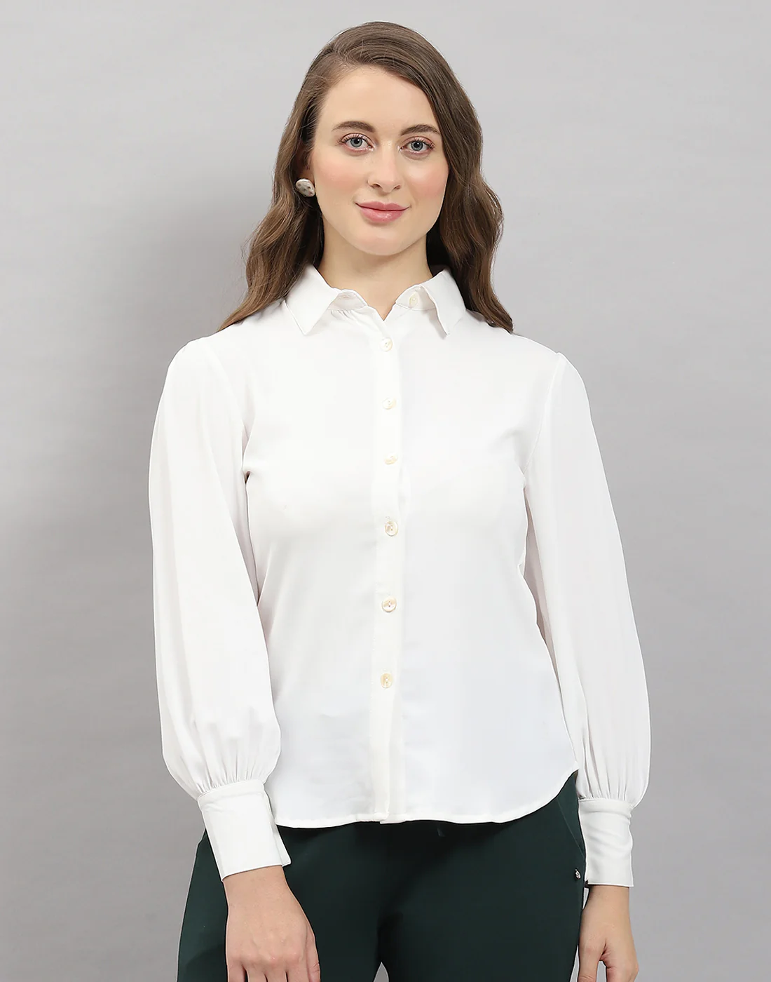 Women White Solid Collar Full Sleeve Top - Image 2
