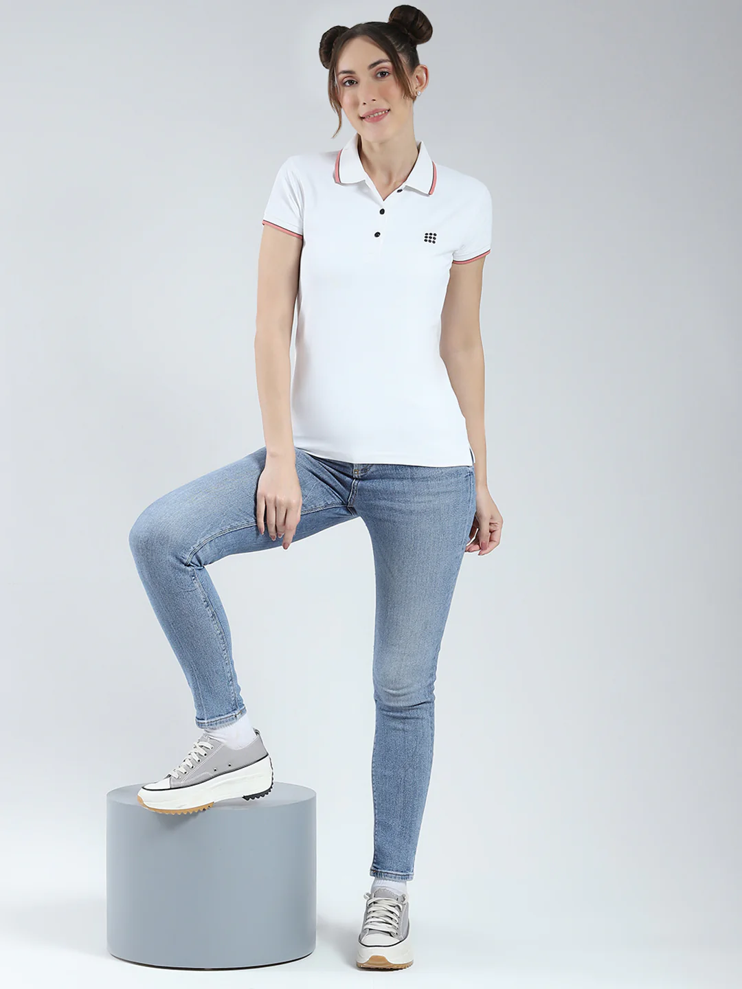 Rock.it Women White Solid Collar Half Sleeve T-Shirt - Image 2