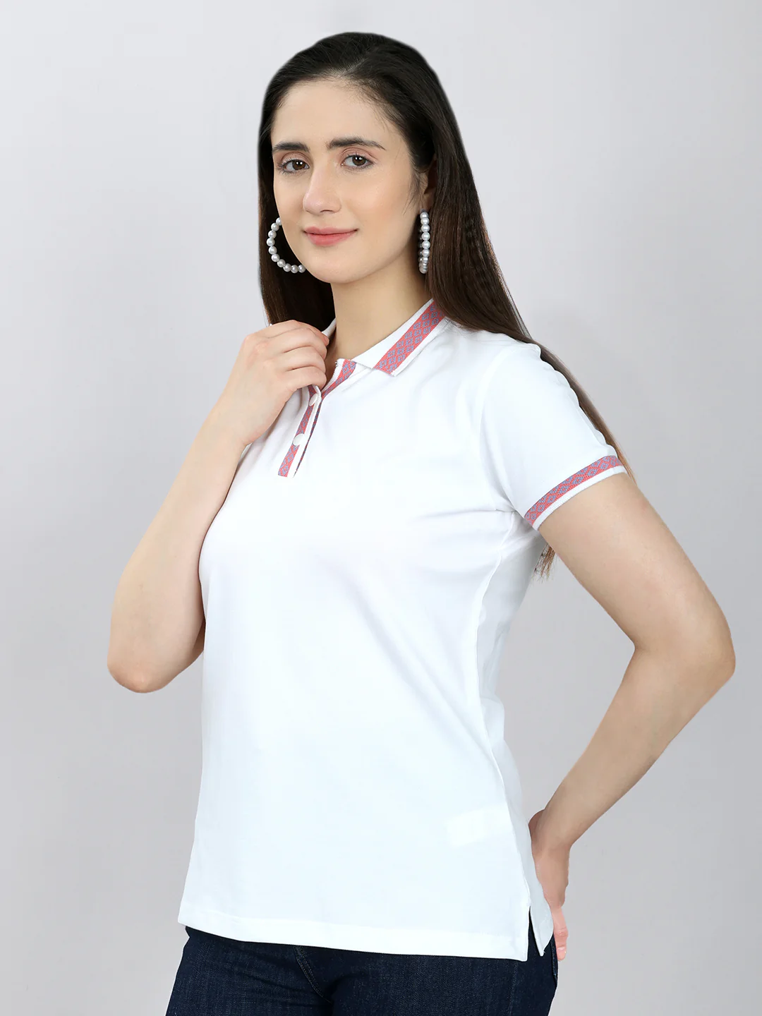 Women White Solid Collar Half Sleeve T-Shirt - Image 2