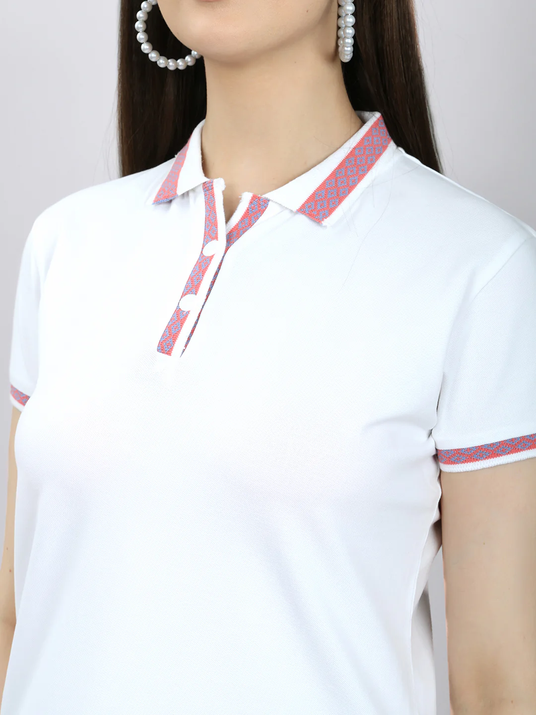 Women White Solid Collar Half Sleeve T-Shirt - Image 4