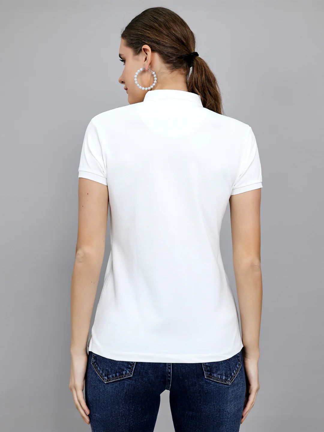Women White Solid Collar Half Sleeve T-Shirt - Image 4