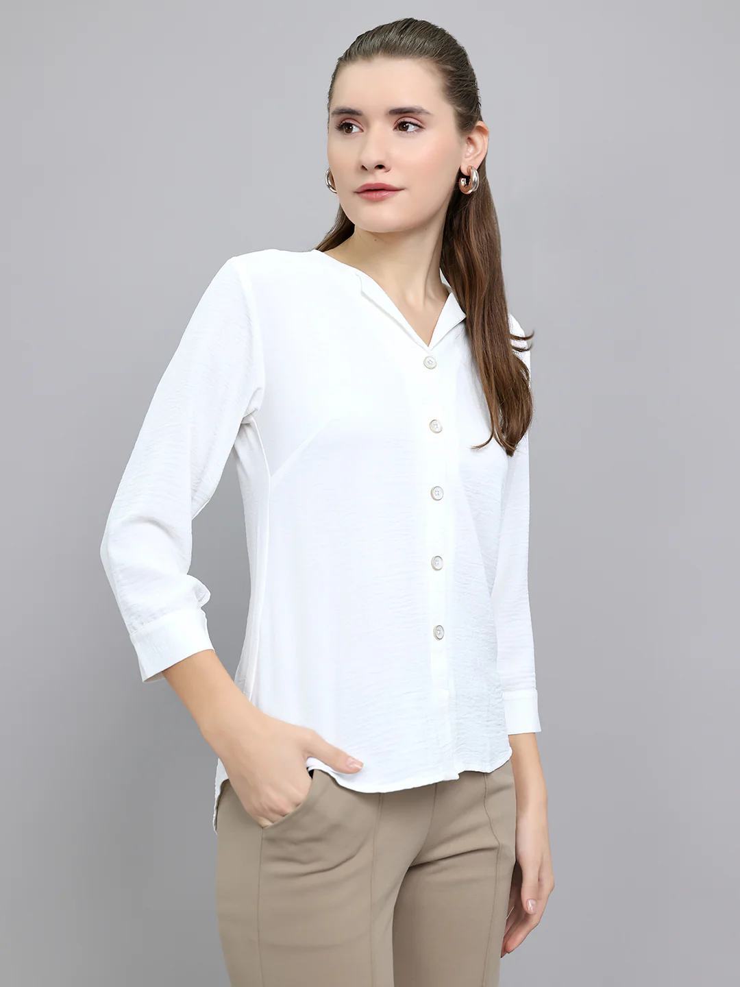 Women White Solid Fashion Neck 3/4th Sleeve Top - Image 2