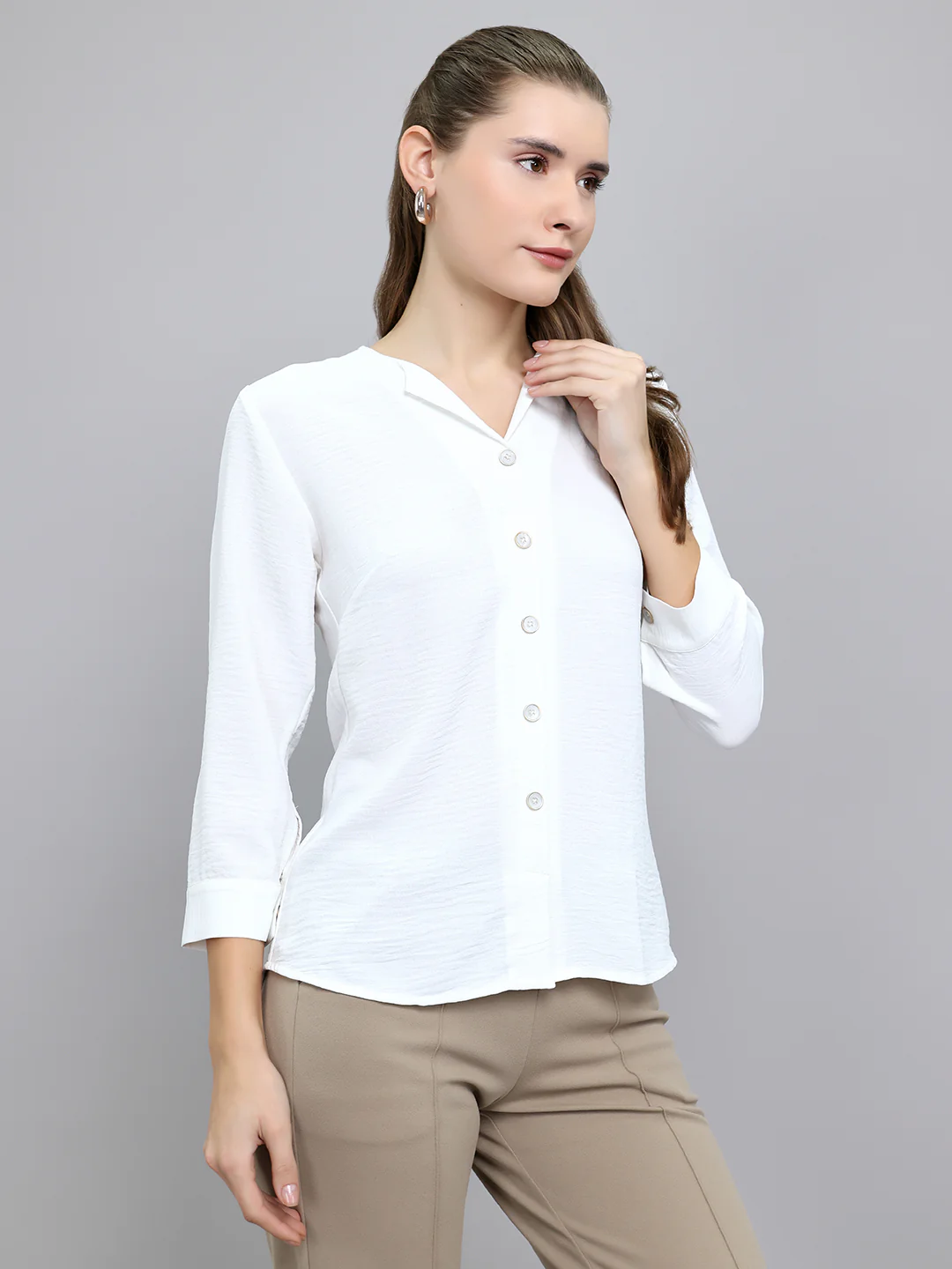 Women White Solid Fashion Neck 3/4th Sleeve Top - Image 3