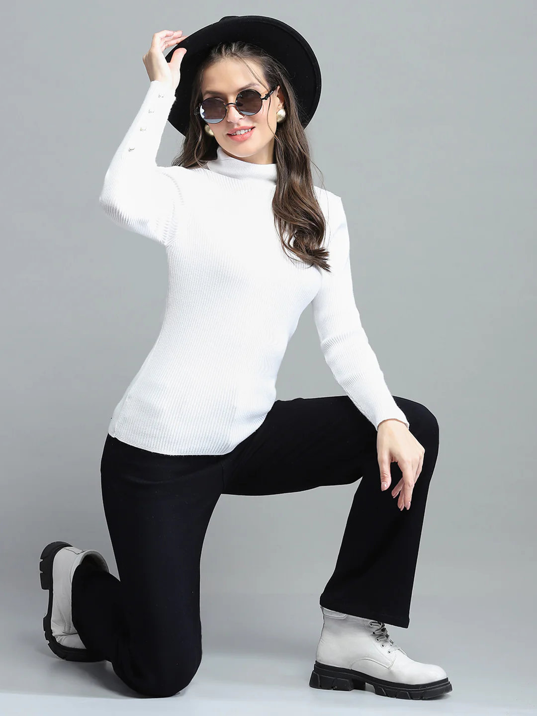 Women White Solid High Neck Full Sleeve Sceavy - Image 2