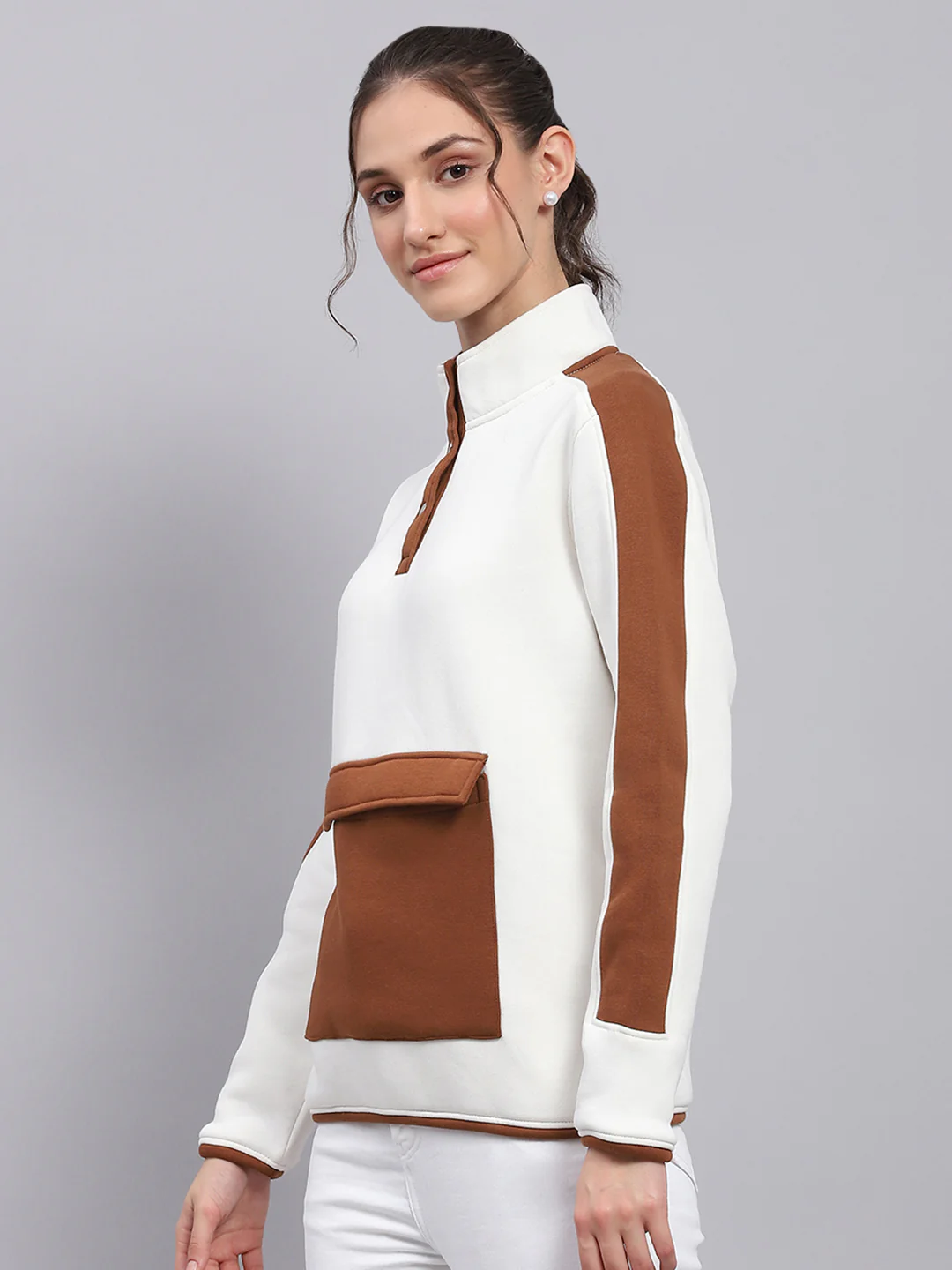 Rock.it Women White Solid Mock Neck Full Sleeve Sweatshirt - Image 3
