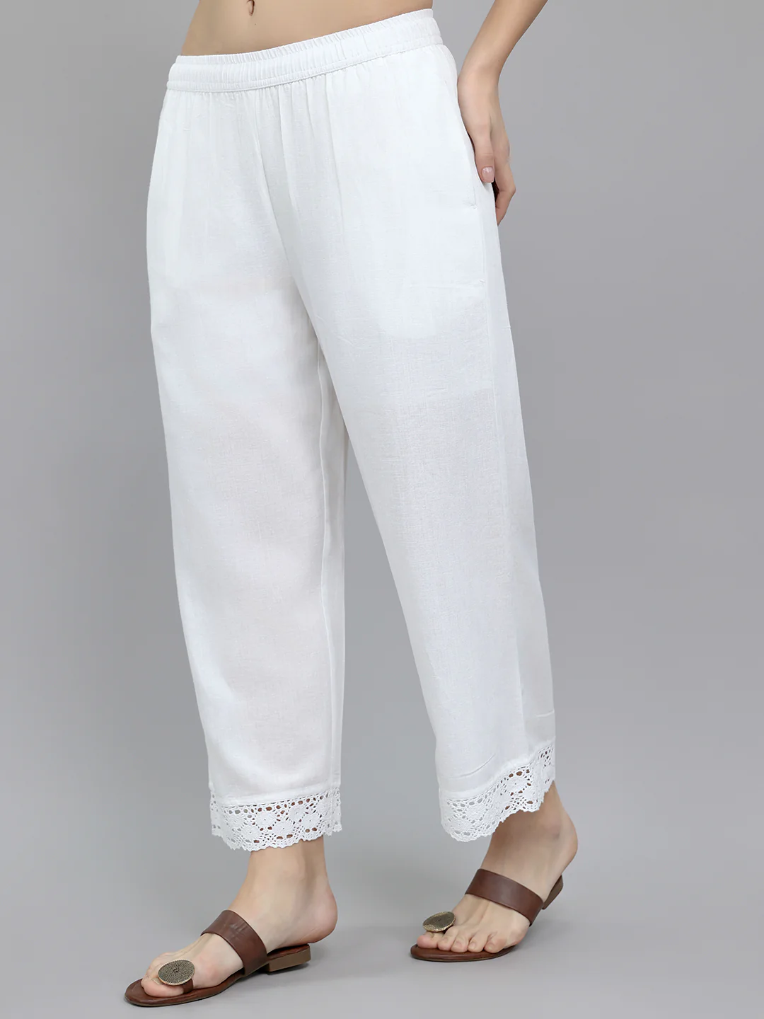 Women White Solid Regular Fit Palazzo - Image 2