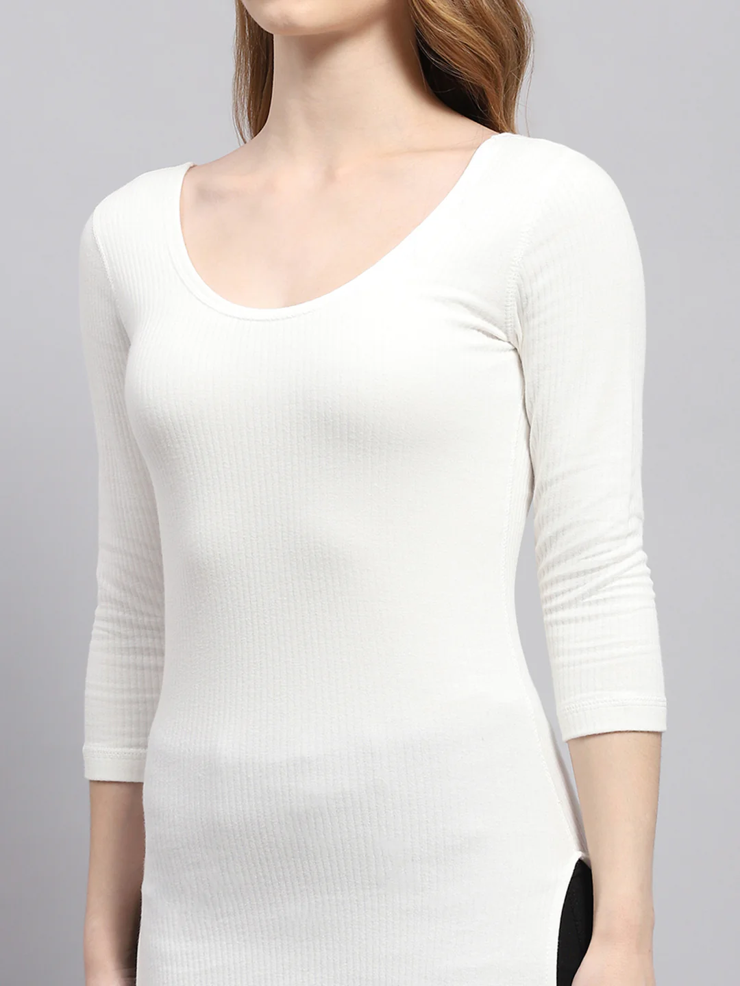Women White Solid Round Neck 3/4th Sleeve Thermal Vest - Image 6