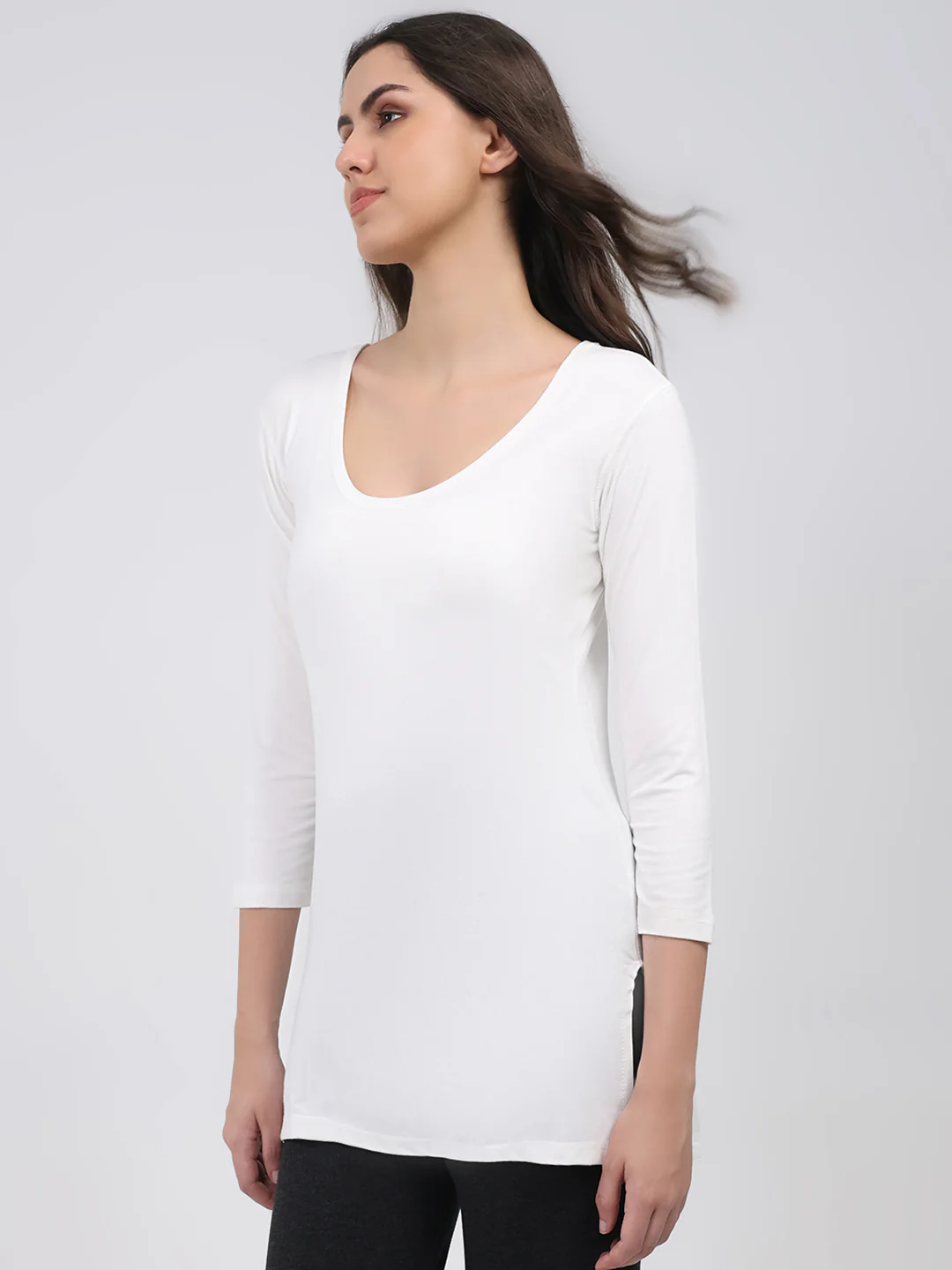 Women White Solid Round Neck 3/4th Sleeve Thermal Vest - Image 3