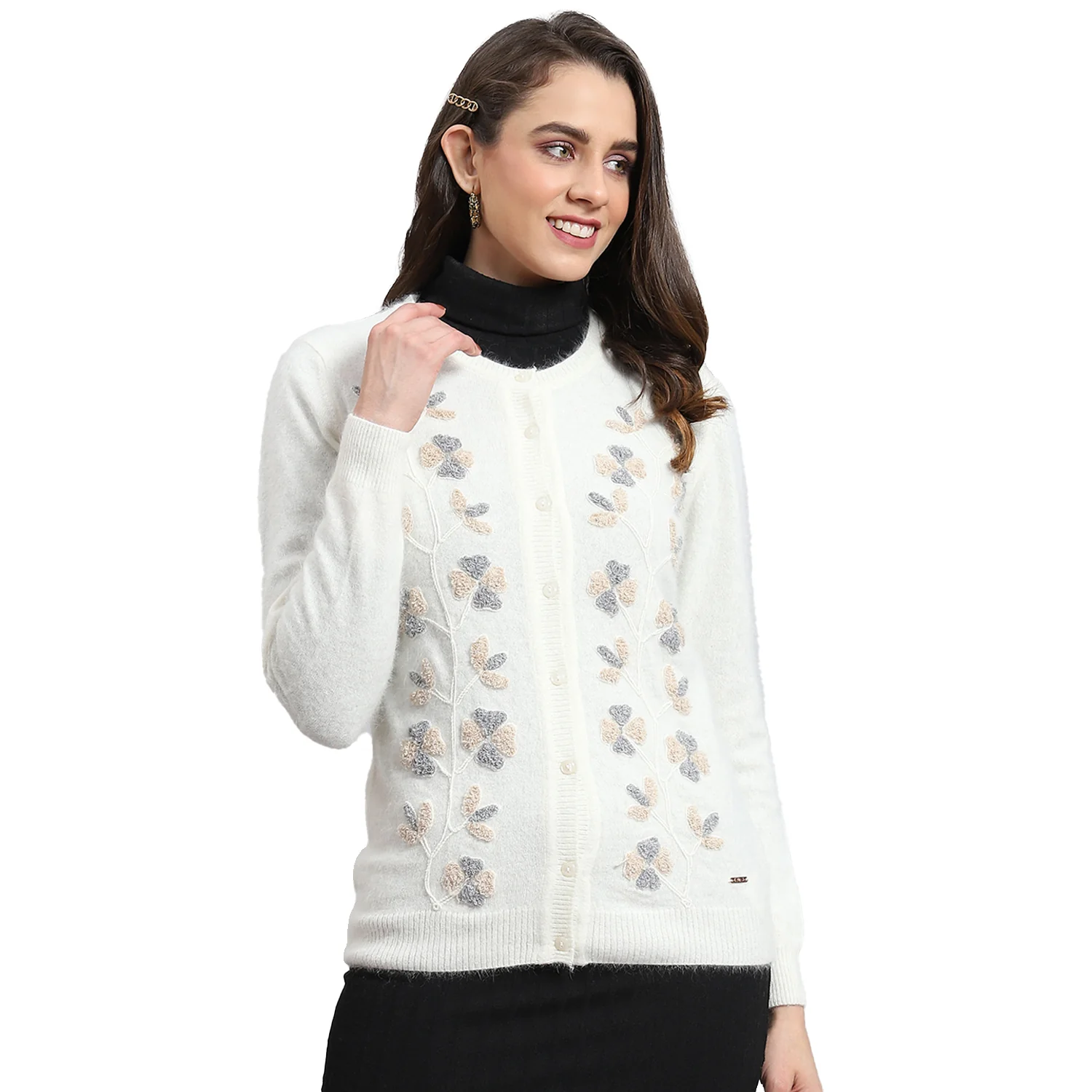 Women White Solid Round Neck Full Sleeve Cardigan - Image 5