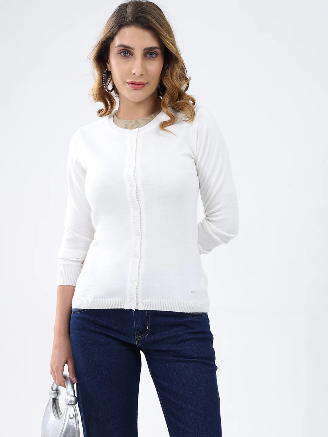 Women White Solid Round Neck Full Sleeve Cardigan - Image 6