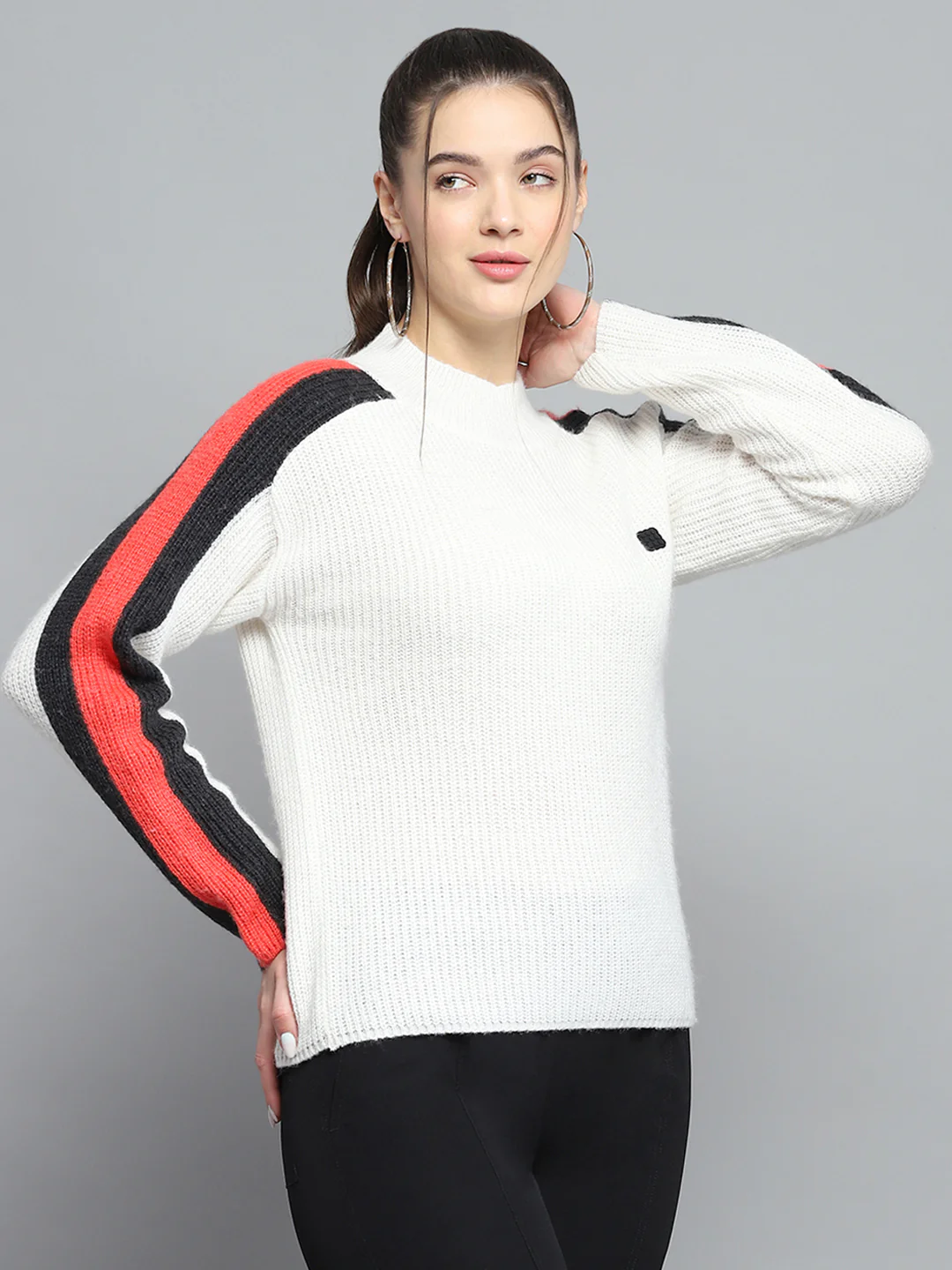 Rock.it Women White Solid Round Neck Full Sleeve Pullover - Image 4