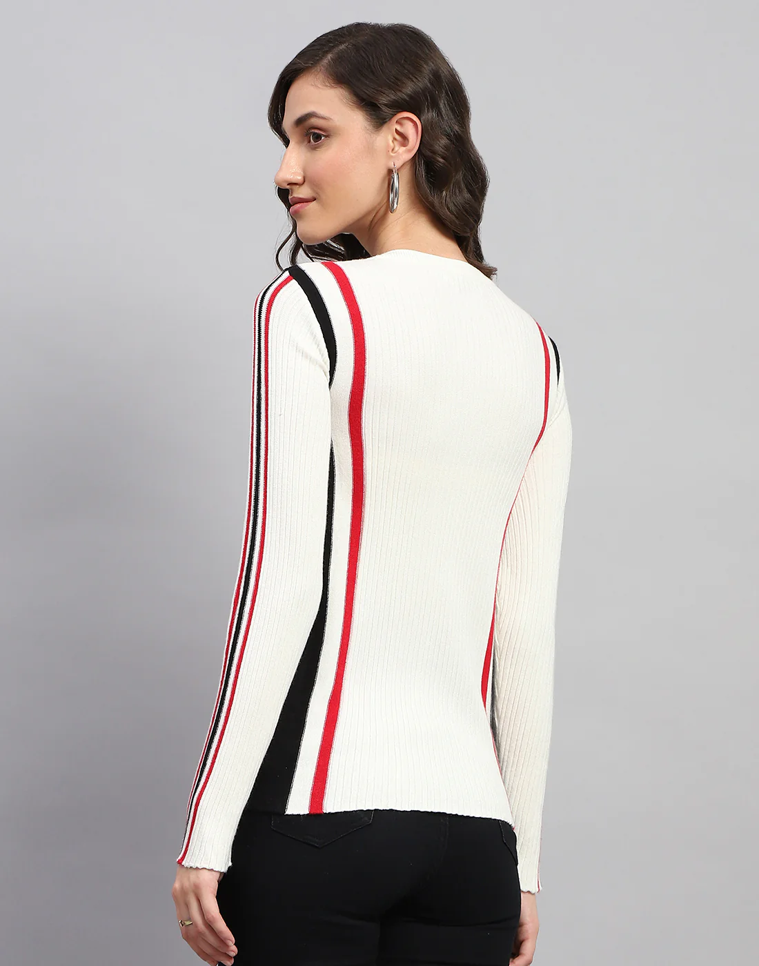 Women White Solid Round Neck Full Sleeve Winter Top - Image 5